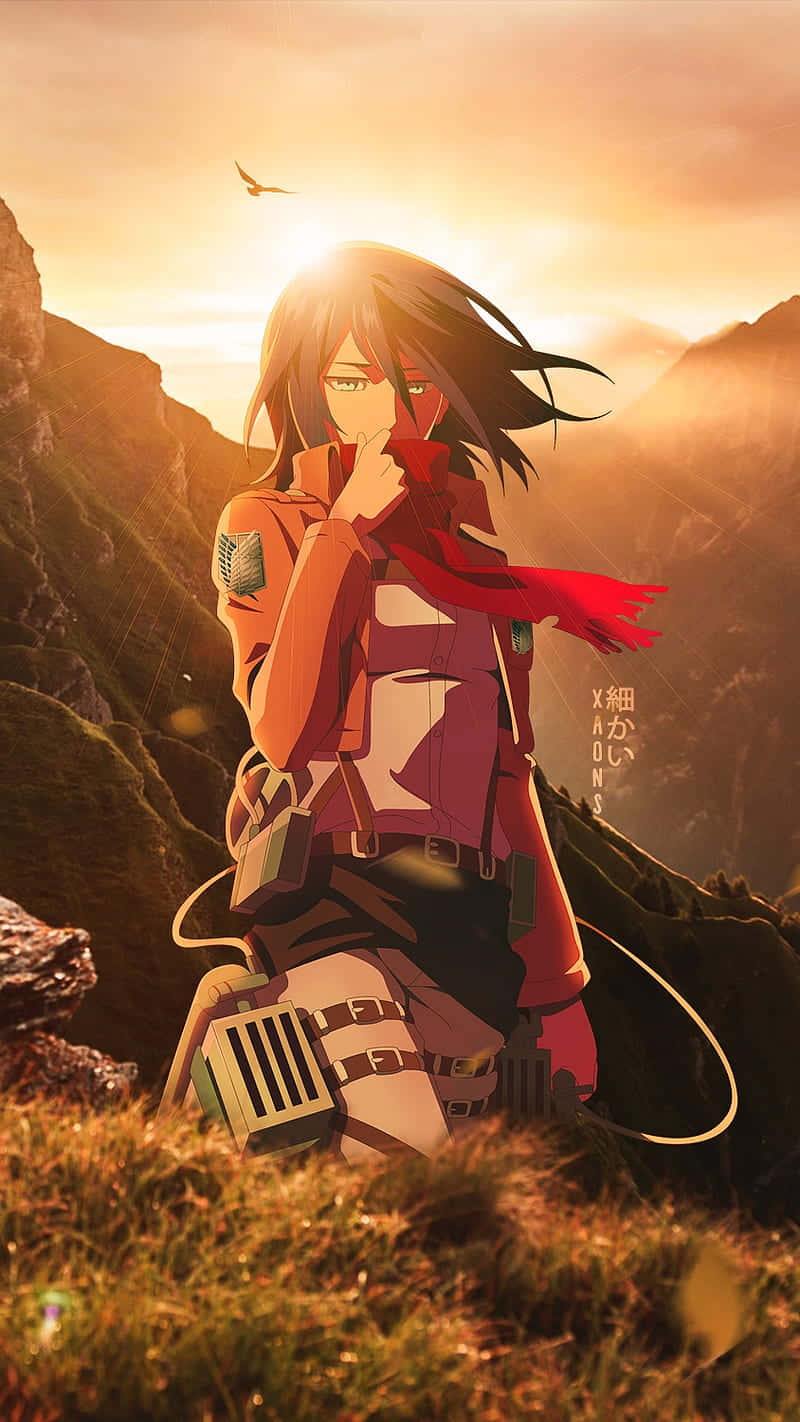 Mikasa Ackerman 桌布 壁紙 — 一位身穿紅色裝備的動漫女孩在日落時分跪在長滿草的山崖上，金色的天空中群山環繞，還有一隻鳥。