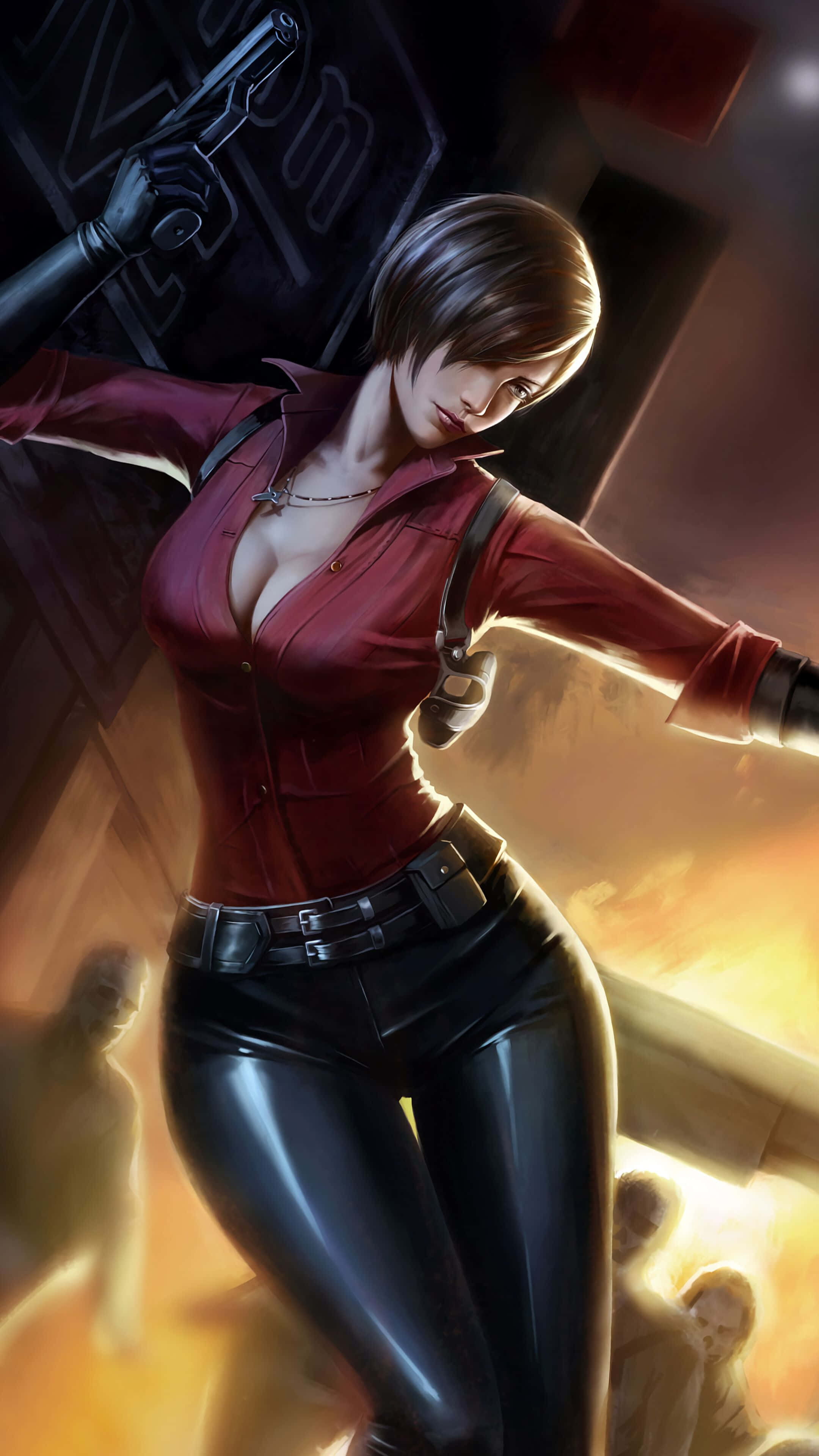 Resident Evil iPhone 桌布 壁紙 — 一位身穿紅色襯衫和黑色褲子的兇猛動漫女性，在火熱背景下用發光的眼睛瞄準槍支。