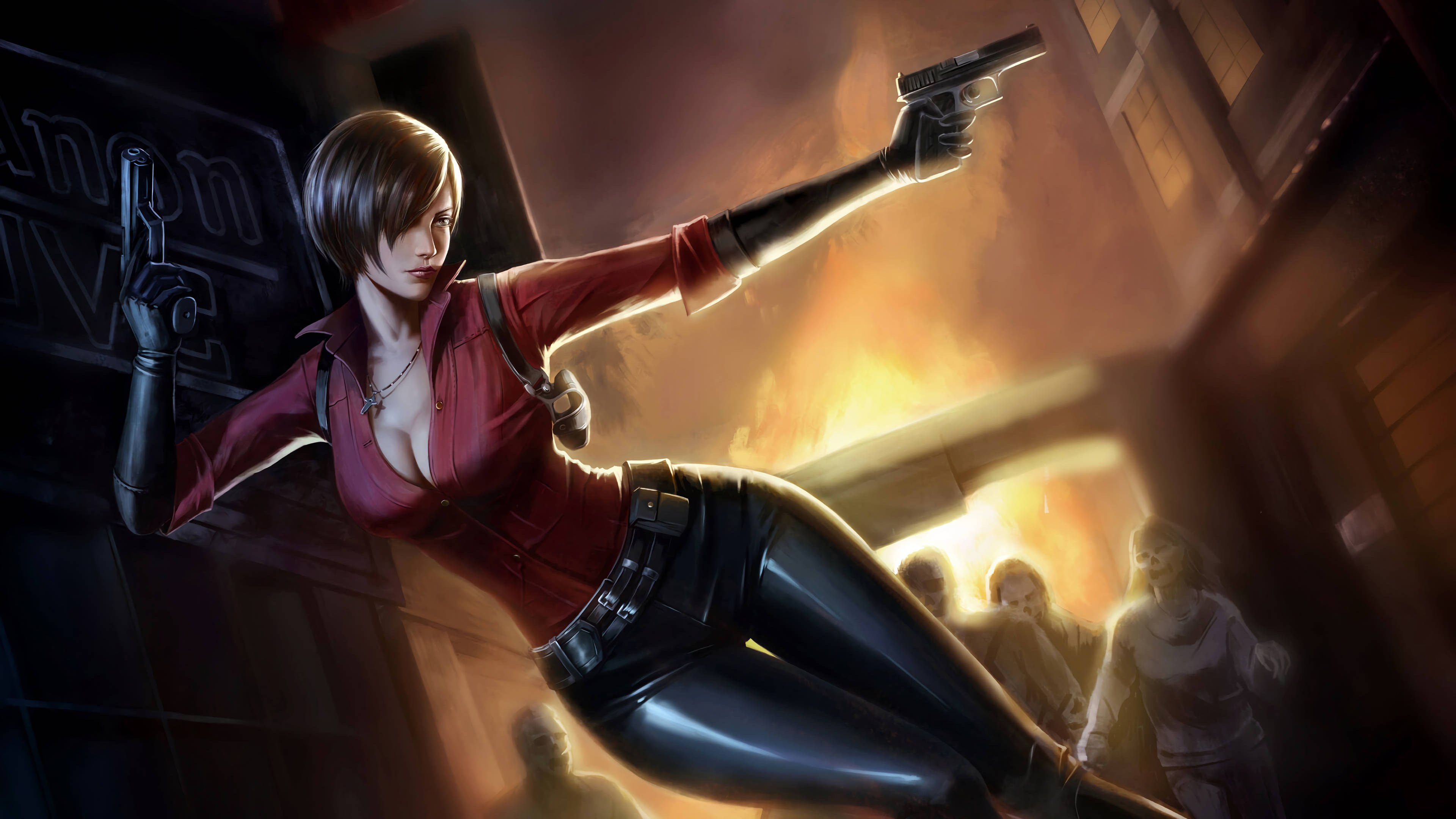 Resident Evil Art 桌布 壁紙 — 一位身穿紅色襯衫和黑色褲子的女性動作英雄，在夜晚燃燒的城市小巷中用兩把手槍瞄準殭屍。