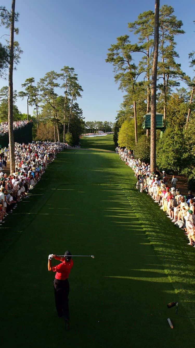 Augusta National iPhone 桌布 壁紙 — 一位身穿紅色襯衫的高爾夫球手在陽光普照的球道上揮桿，兩旁是歡呼的人群和高大的松樹。