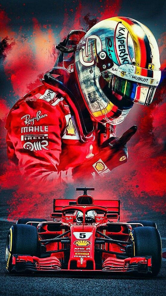 ferrari f1 2018 桌布 壁紙 — 一位身穿紅色賽車裝備和頭盔的F1車手，在熾熱的紅黑背景上，指向他紅色法拉利賽車的上方。