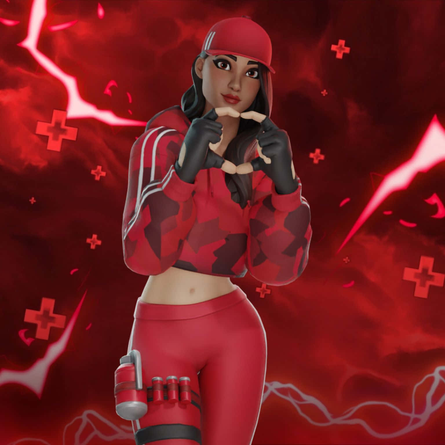Ruby Fortnite Skin 桌布 壁紙 — 一位身穿紅色迷彩服的女玩家在充滿紅色閃電的鮮豔背景前用手指比出心形。