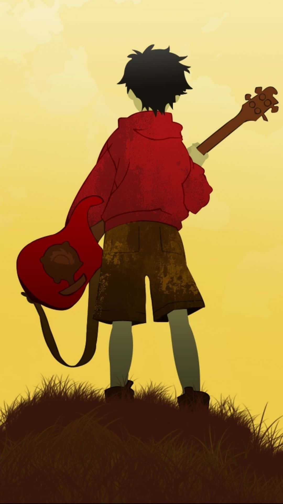 FLCL 桌布 壁紙 — 一位身穿紅色連帽衫的年輕音樂家站在長滿草的山丘上，手持紅色吉他，背景是溫暖的黃色天空。