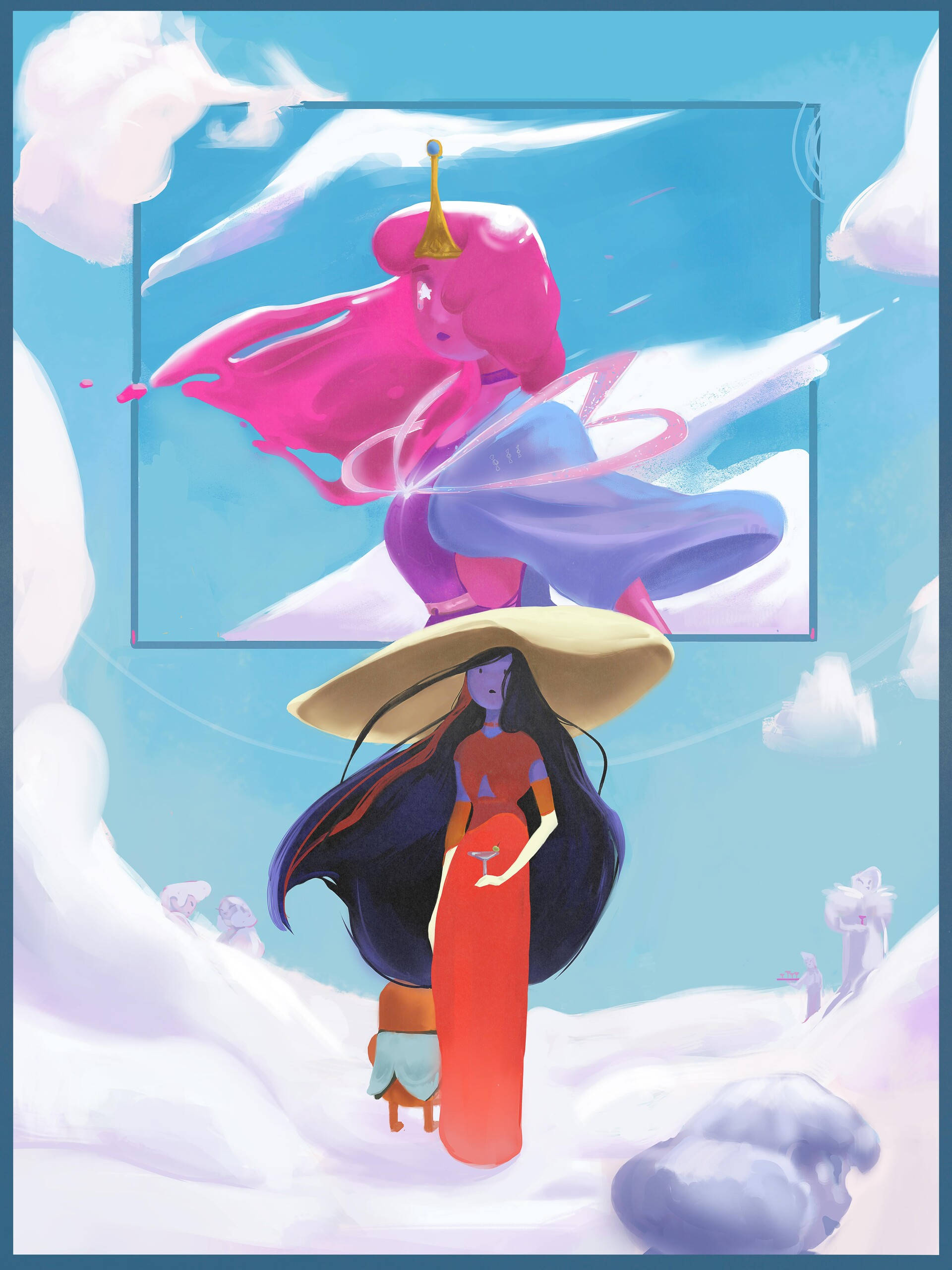 Princess 桌布 壁紙 — 一位身穿紅色連衣裙和寬邊帽的女性站在雪地上，下方是一幅鑲框的粉紅髮仙女畫像，身穿飄逸長袍。
