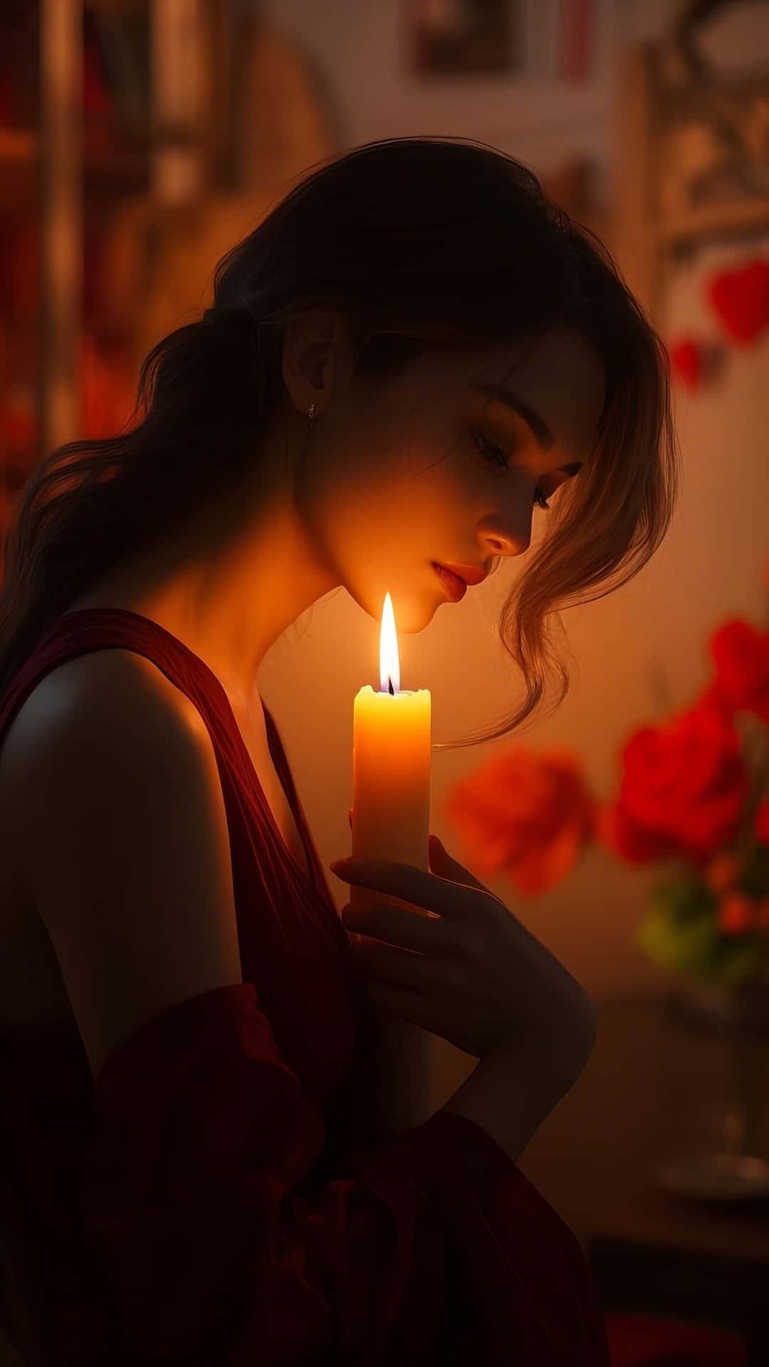 Soft candle glow highlighting a lonely figure in deep thought 壁紙 — 一位身穿紅色連衣裙的女性在光線昏暗的房間裡手持點燃的蠟燭，燭光溫暖地映照在她的臉上，房間裡還有紅玫瑰。