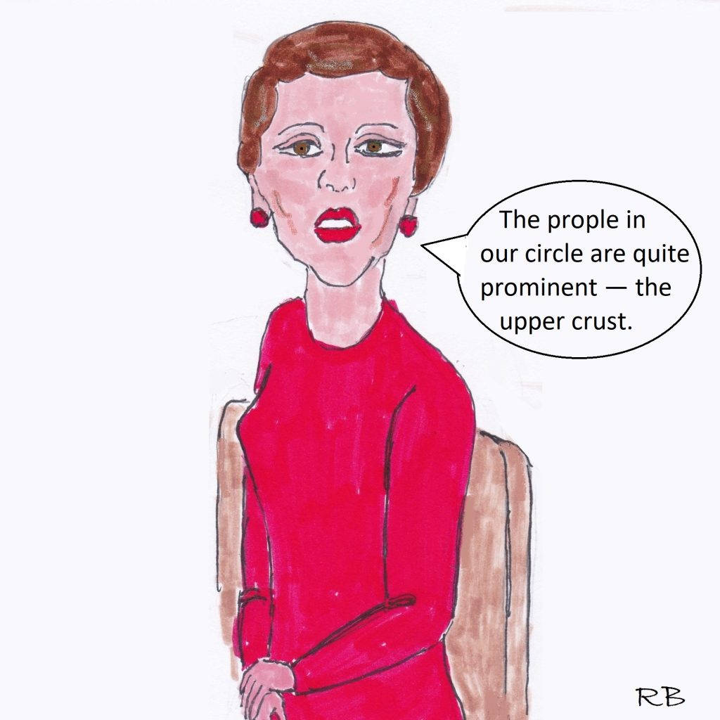 藝術 桌布 壁紙 — 一位身穿紅色連衣裙的女性坐在椅子上，對話框寫著「我們圈子裡的人相當顯赫——上流社會。」