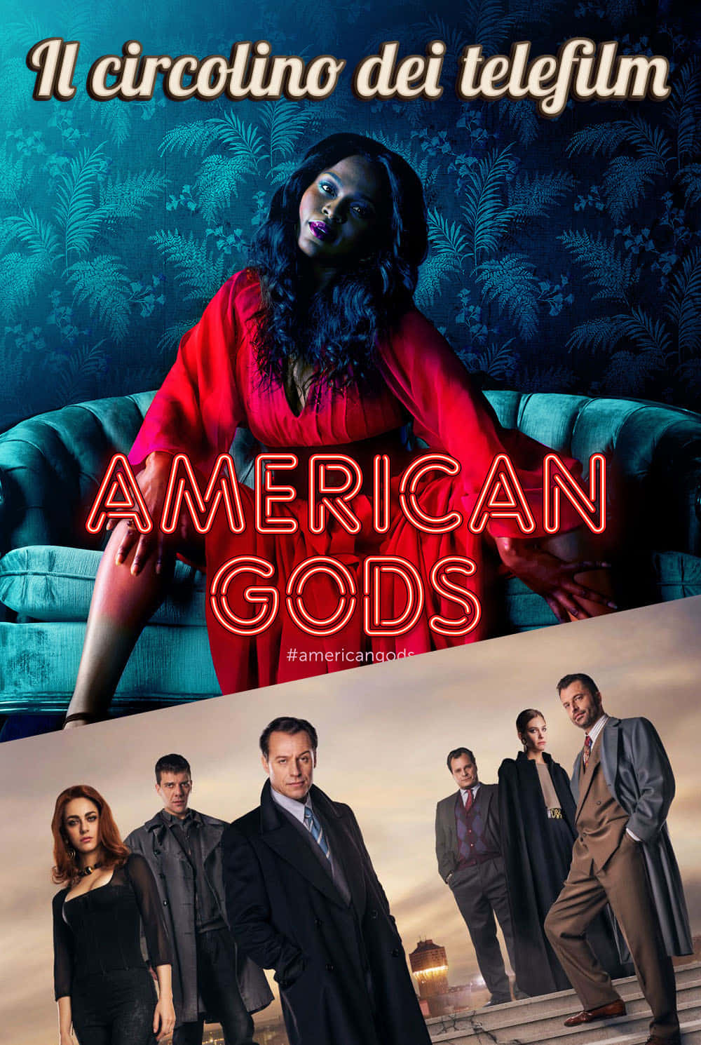 American Gods 桌布 壁紙 — 一位身穿紅色連衣裙的女性坐在藍綠色沙發上，背景是熱帶壁紙，下方有一群角色在夕陽天空下。