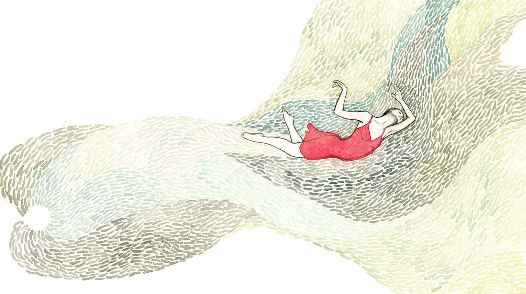 Illustration 桌布 壁紙 — 一位身穿紅色連衣裙的女性平靜地漂浮在柔和的綠色和藍色紋理波浪上。