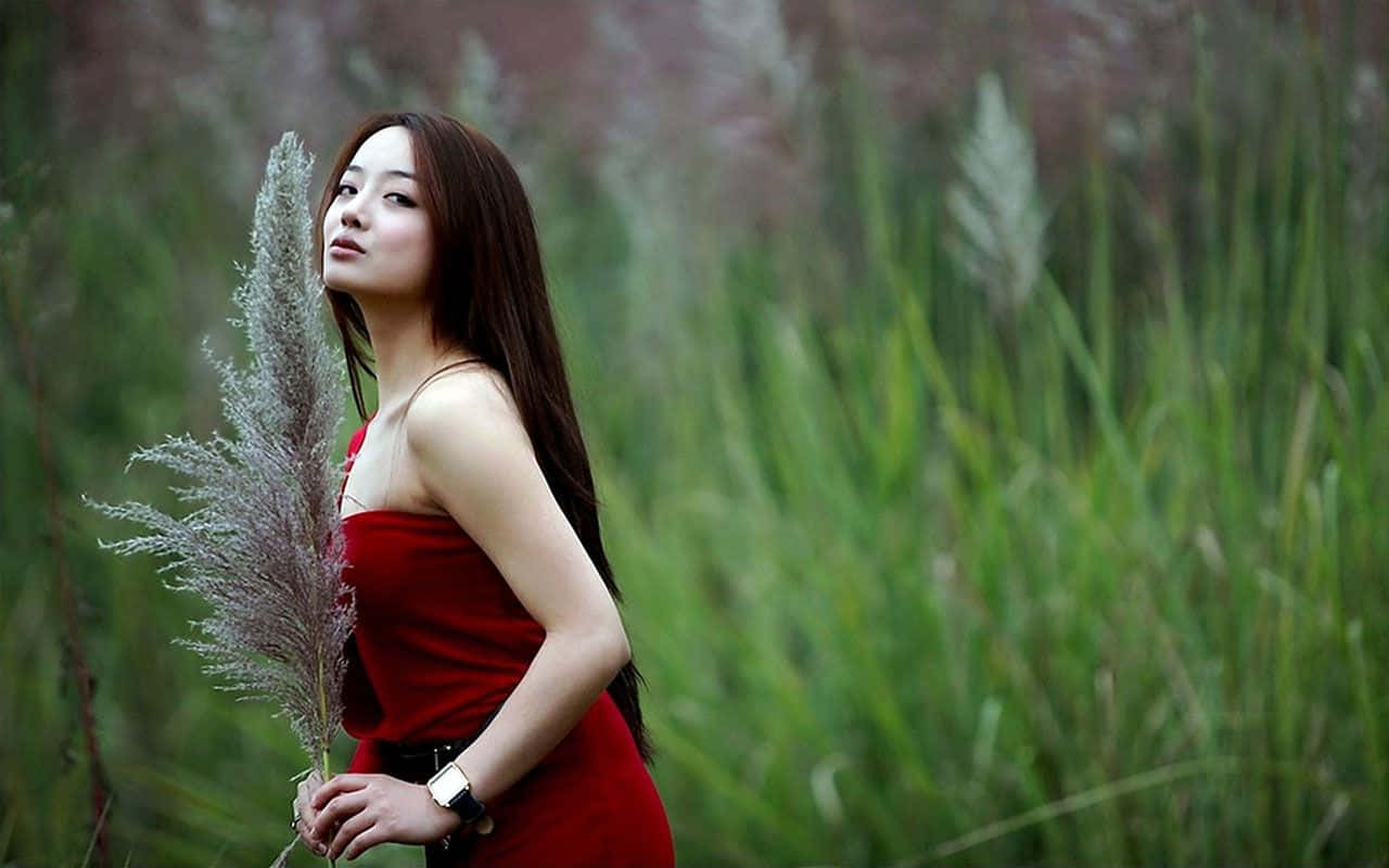 Beautiful Girls 桌布 壁紙 — 一位身穿紅色連衣裙的女性站在高高的綠草中，手持蒲葦羽，帶著平靜的表情向上凝視。
