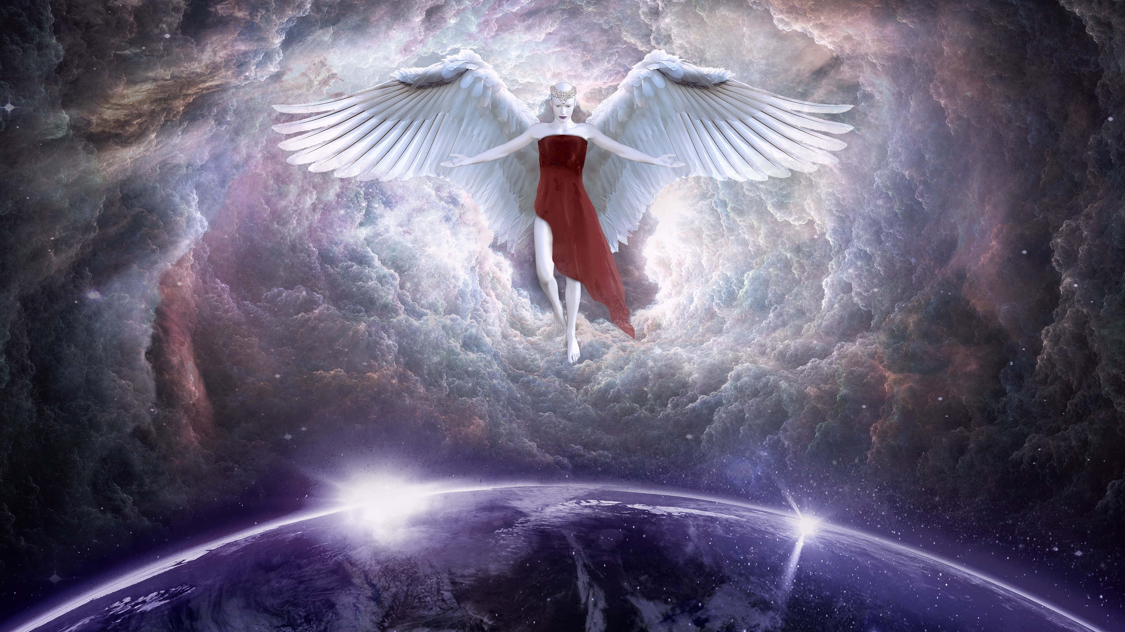 Guardian Angels 桌布 壁紙 — 一位身穿紅色連衣裙的帶翼天使在宇宙星雲背景下漂浮在地球上方。
