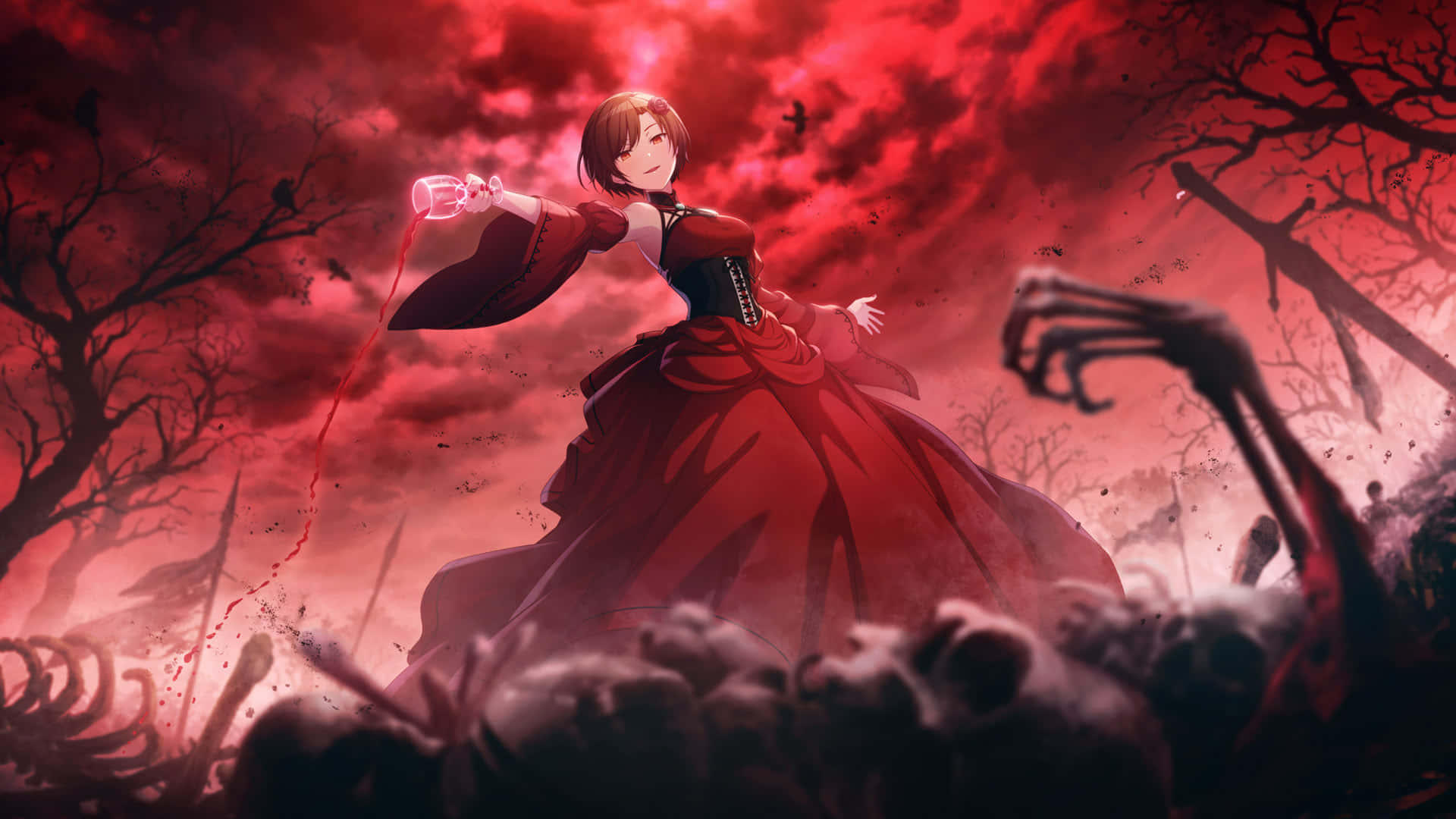 Beautiful Anime 桌布 壁紙 — 一位身穿紅色連衣裙的年輕女子在血紅色的天空和骷髏墓地中揮舞著發光的法杖。
