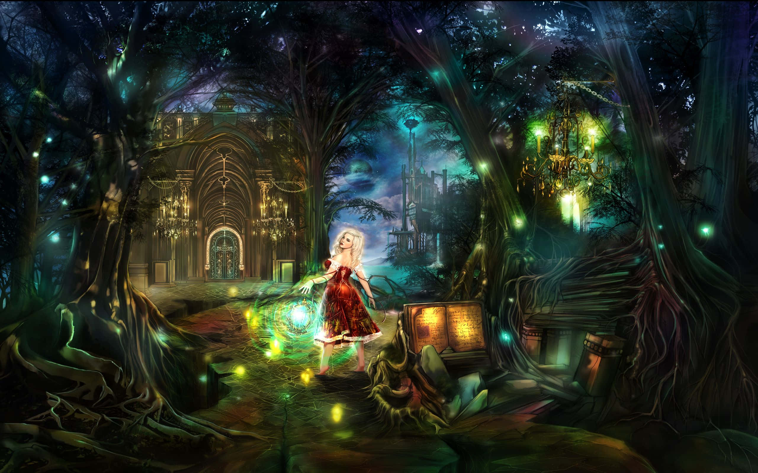 dreams 桌布 壁紙 — 一位身穿紅色連衣裙的發光仙女站在神秘的森林門前，周圍有魔法樹木和漂浮的光芒。
