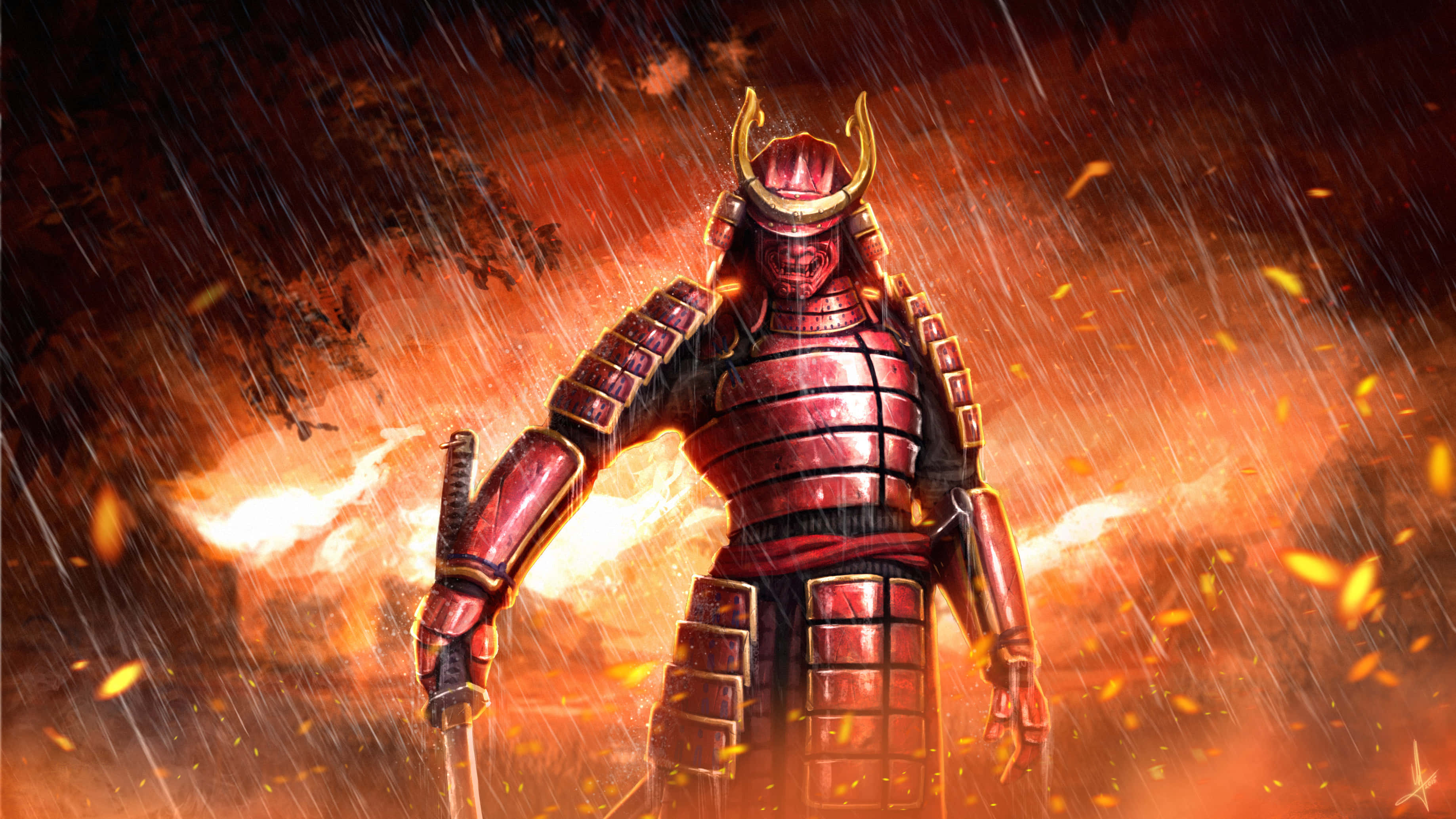Bushido Samurai 桌布 壁紙 — 一位身穿紅色鎧甲的武士在熾熱的暴風雨中挑釁地站立，周圍有發光的餘燼旋轉。