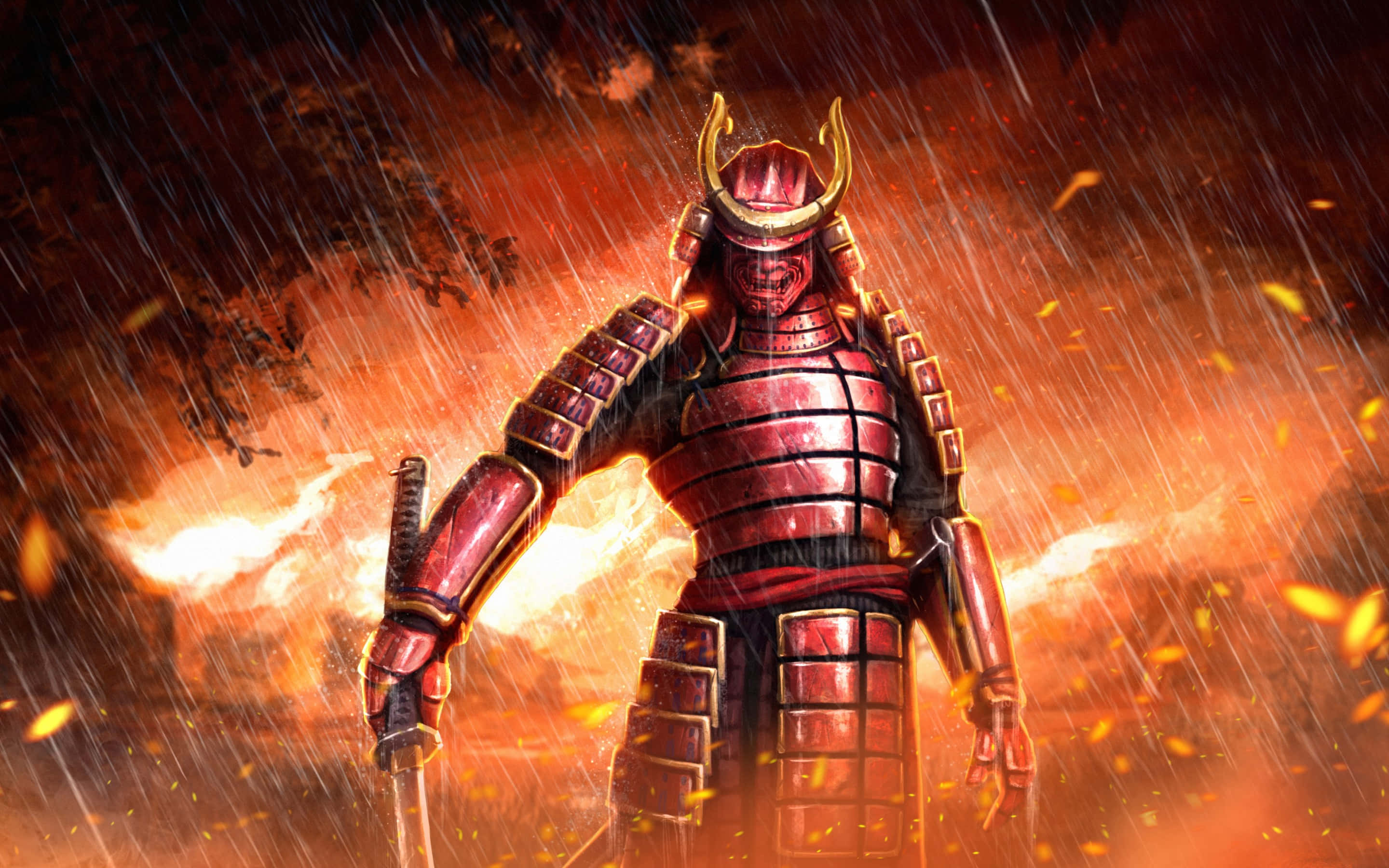 Samurai X 桌布 壁紙 — 一位身穿紅色鎧甲的武士戰士，在風雨和火焰的風暴中挑釁地站立，發光的餘燼在他周圍旋轉。