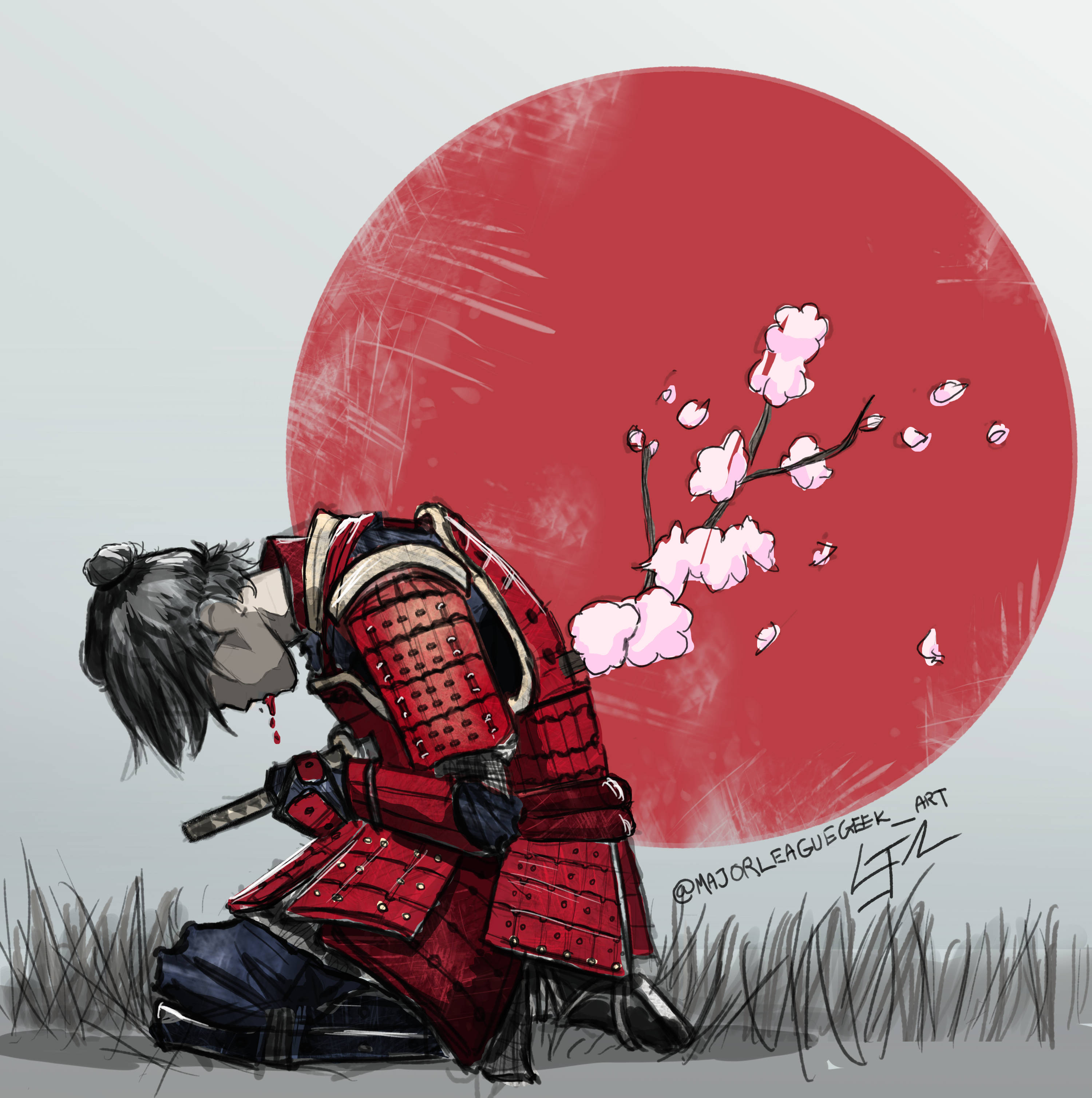 Seppuku 桌布 壁紙 — 一位身穿紅色鎧甲的武士跪在巨大的紅日前，櫻花飄落。