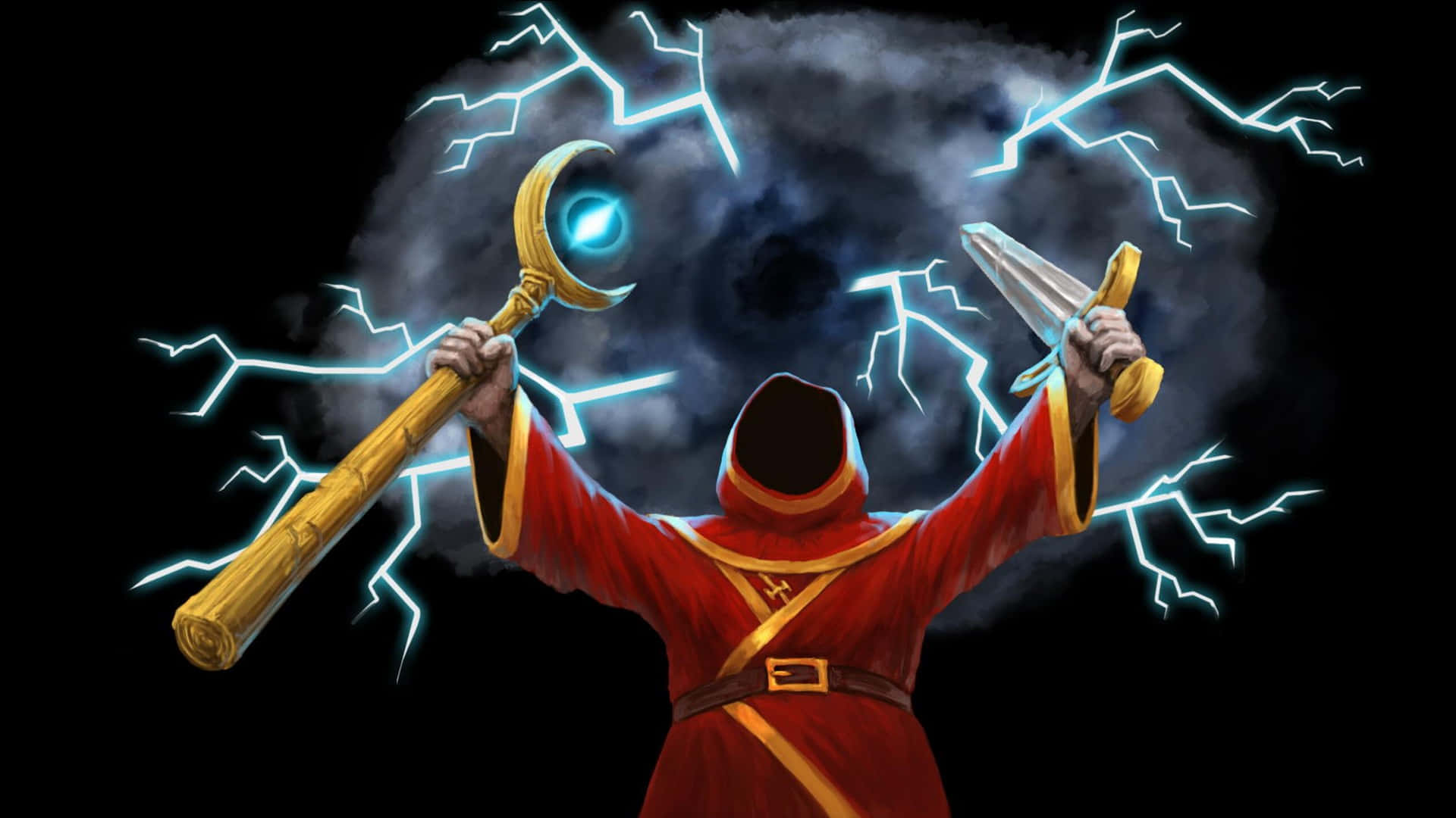 wizard 桌布 壁紙 — 一位身穿紅色長袍、戴著兜帽的魔法師揮舞著發光的法杖和劍，身後黑暗旋轉的漩渦周圍閃電劈啪作響。