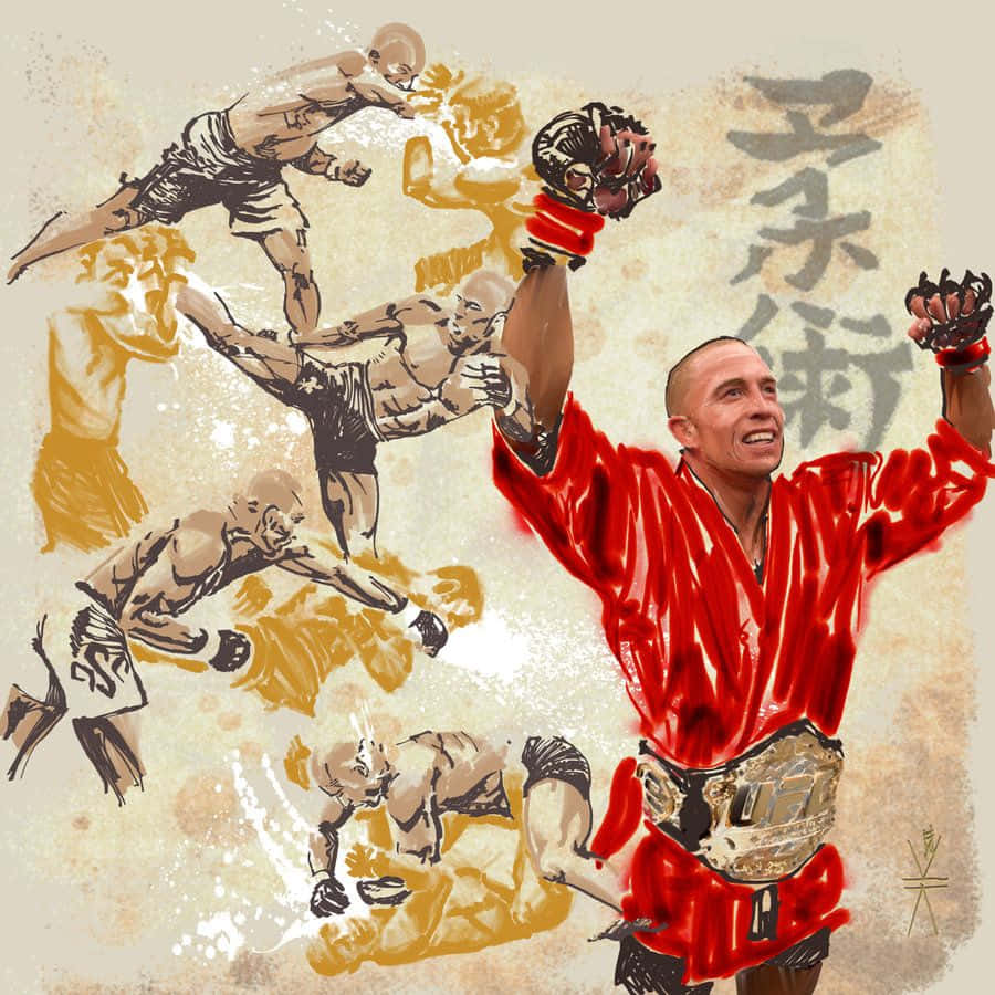 Painting 桌布 壁紙 — 一位身穿紅色長袍和冠軍腰帶的勝利MMA拳手高舉雙臂慶祝，動態動作草圖在他周圍旋轉。