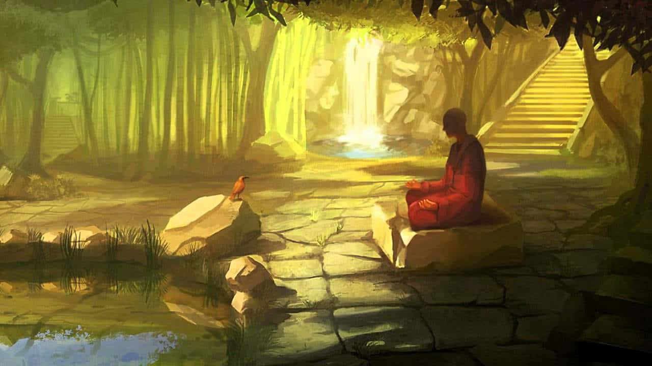 Animated 桌布 壁紙 — 一位身穿紅色長袍的僧侶在寧靜森林池塘旁的石階上冥想，金色光線穿過樹木，照亮遠處的瀑布。