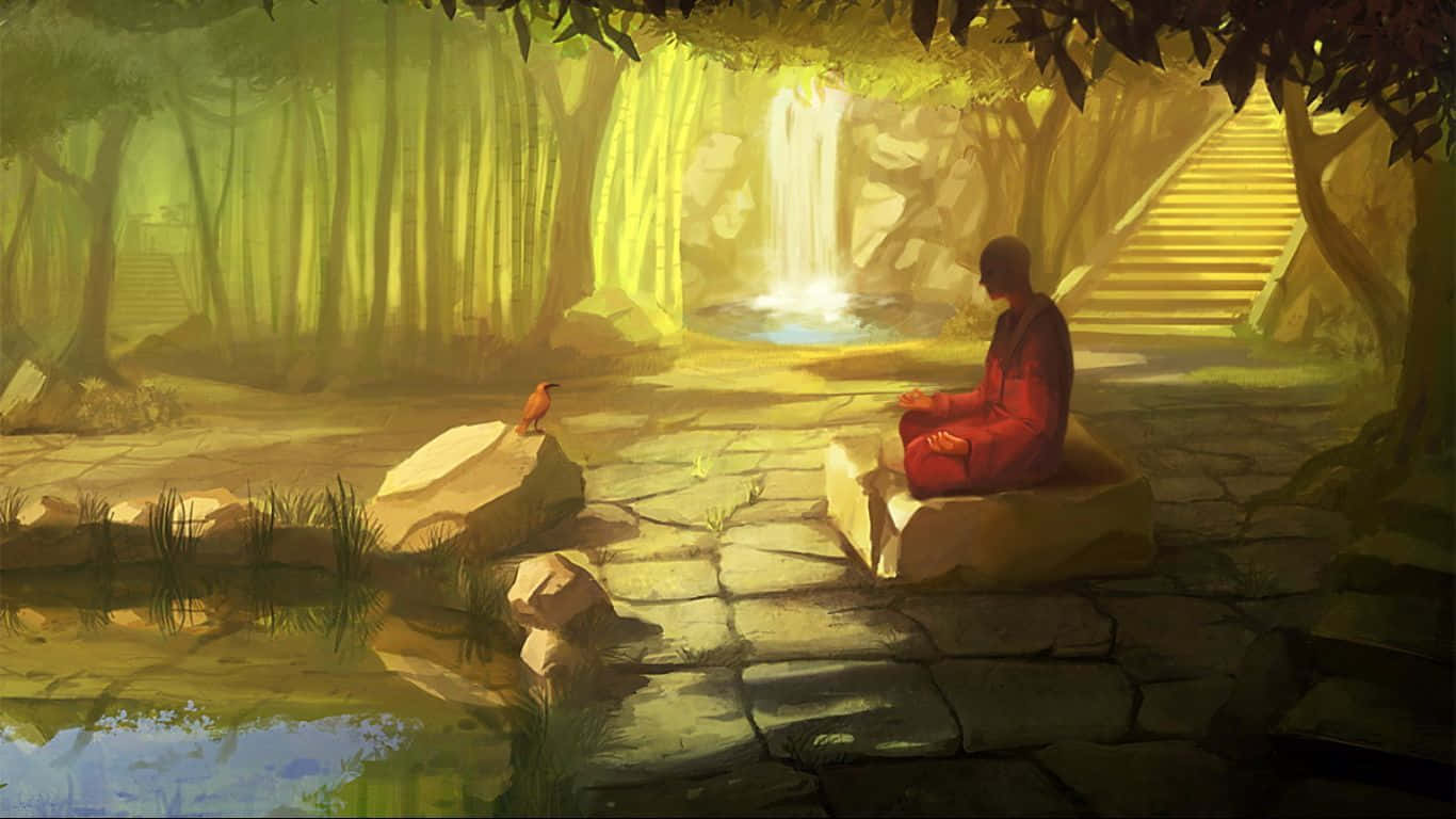 禪 桌布 壁紙 — 一位身穿紅色長袍的僧侶在寧靜的池塘旁的石階上冥想，金色的光線透過瀑布附近的森林樹冠灑落下來。