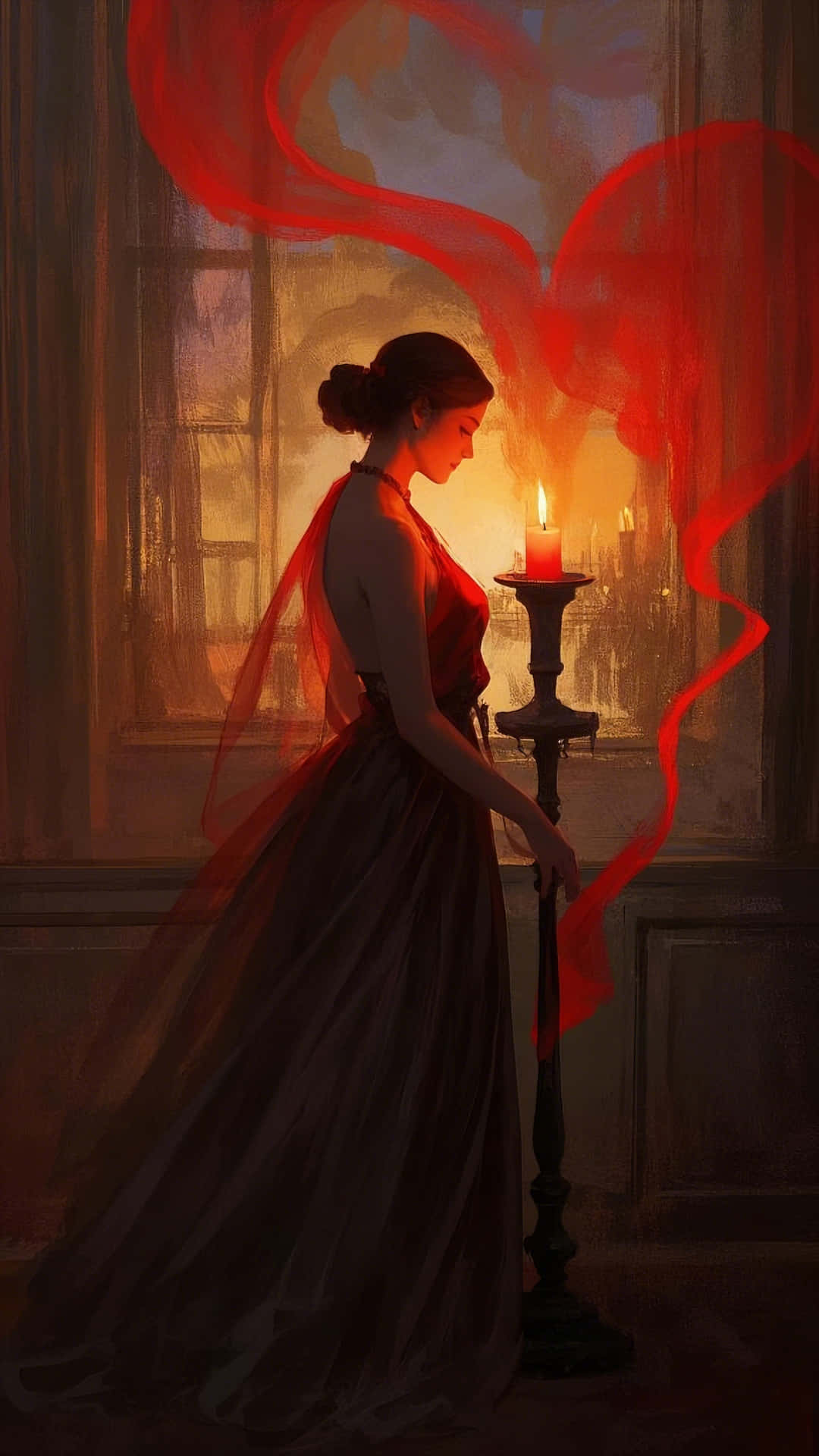 Romantic candlelit silhouette with golden and red hues 壁紙 — 一位身穿紅色長袍的女性站在窗邊，手持蠟燭，鮮紅的布料在她周圍旋轉，房間內燈光溫暖。