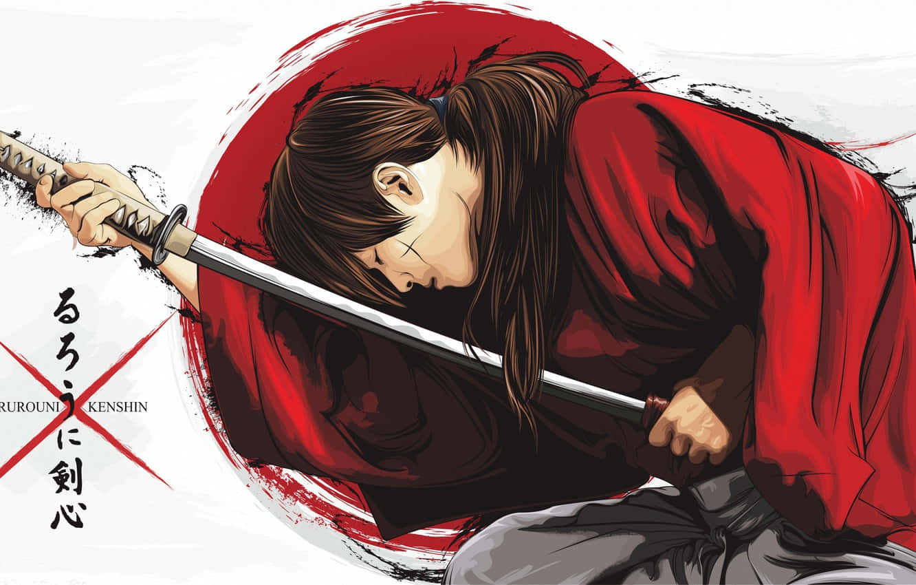 Samurai Anime 桌布 壁紙 — 一位身穿紅色長袍的武士握著劍，背景是帶有日文字樣的醒目紅色圓圈。