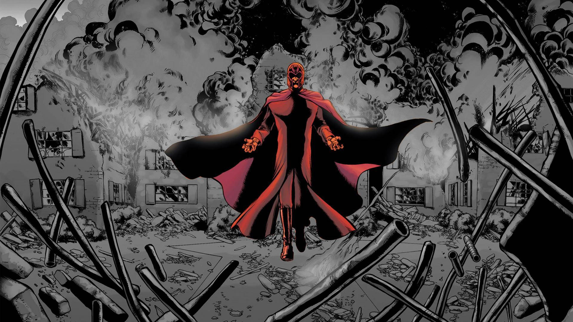 Magneto 桌布 壁紙 — 一位身穿紅色長袍的超級英雄在瓦礫和煙霧中，站在被摧毀的城市景觀中，表現出挑釁的姿態。