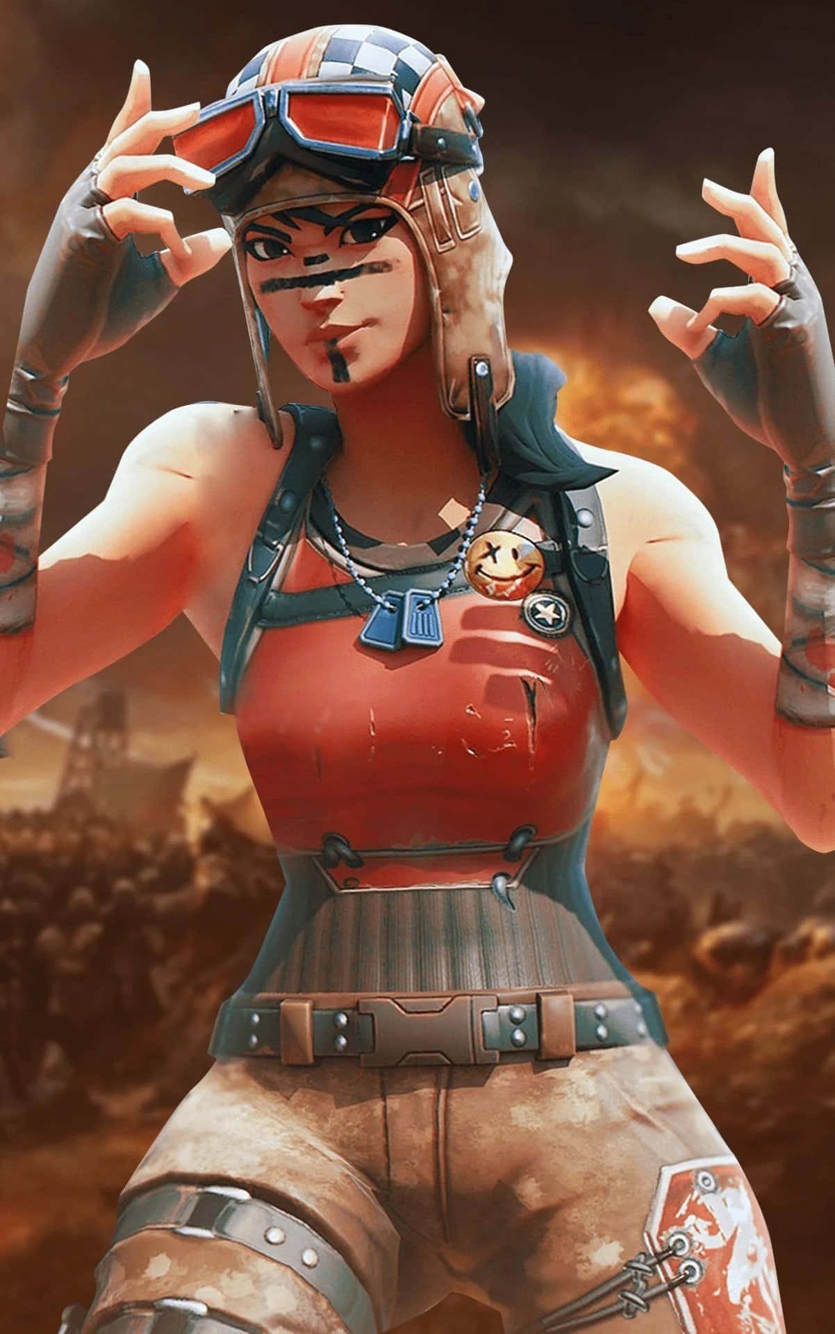 Fortnite 桌布 壁紙 — 一位身穿紅色飛行裝備的兇猛女飛行員在熾熱的沙漠戰場背景下調整護目鏡。