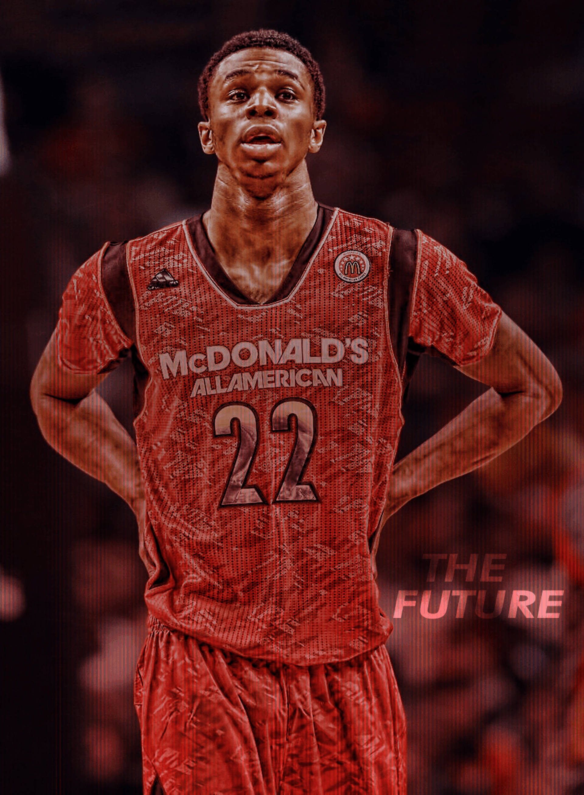 Andrew Wiggins 桌布 壁紙 — 一位身穿紅色麥當勞全美明星賽22號球衣的年輕籃球運動員，在場館燈光下自信地雙手叉腰站立。