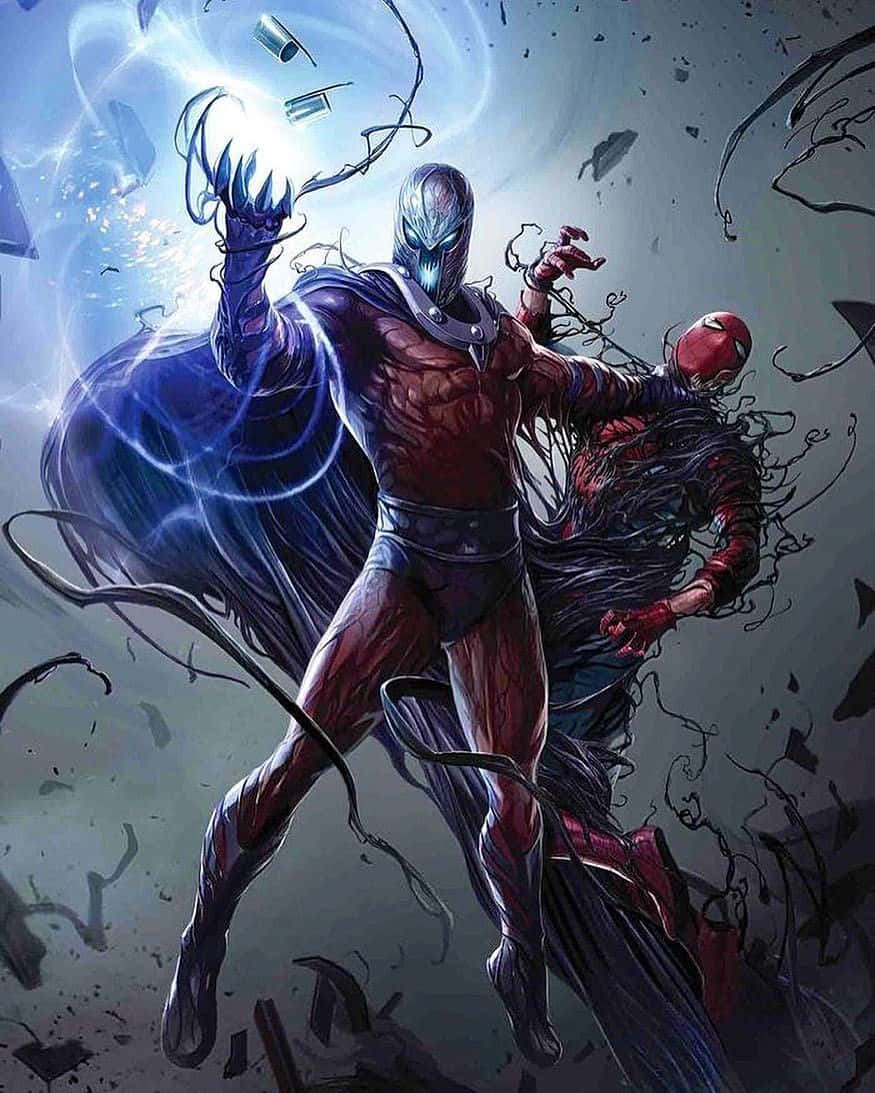 Venomized 桌布 壁紙 — 一位身穿紅藍盔甲的蒙面超級英雄在破碎的瓦礫中與身穿紅色西裝的敵人戰鬥，並引導藍色能量。