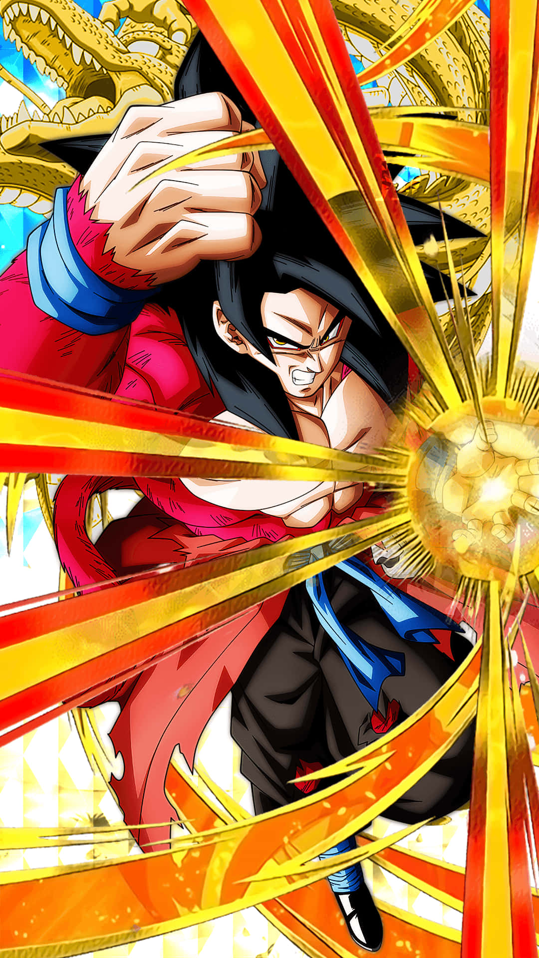 Goku Ssj4 桌布 壁紙 — 一位身穿紅藍鎧甲的強大動漫戰士，將金色能量匯聚成一個被金龍環繞的發光球體。