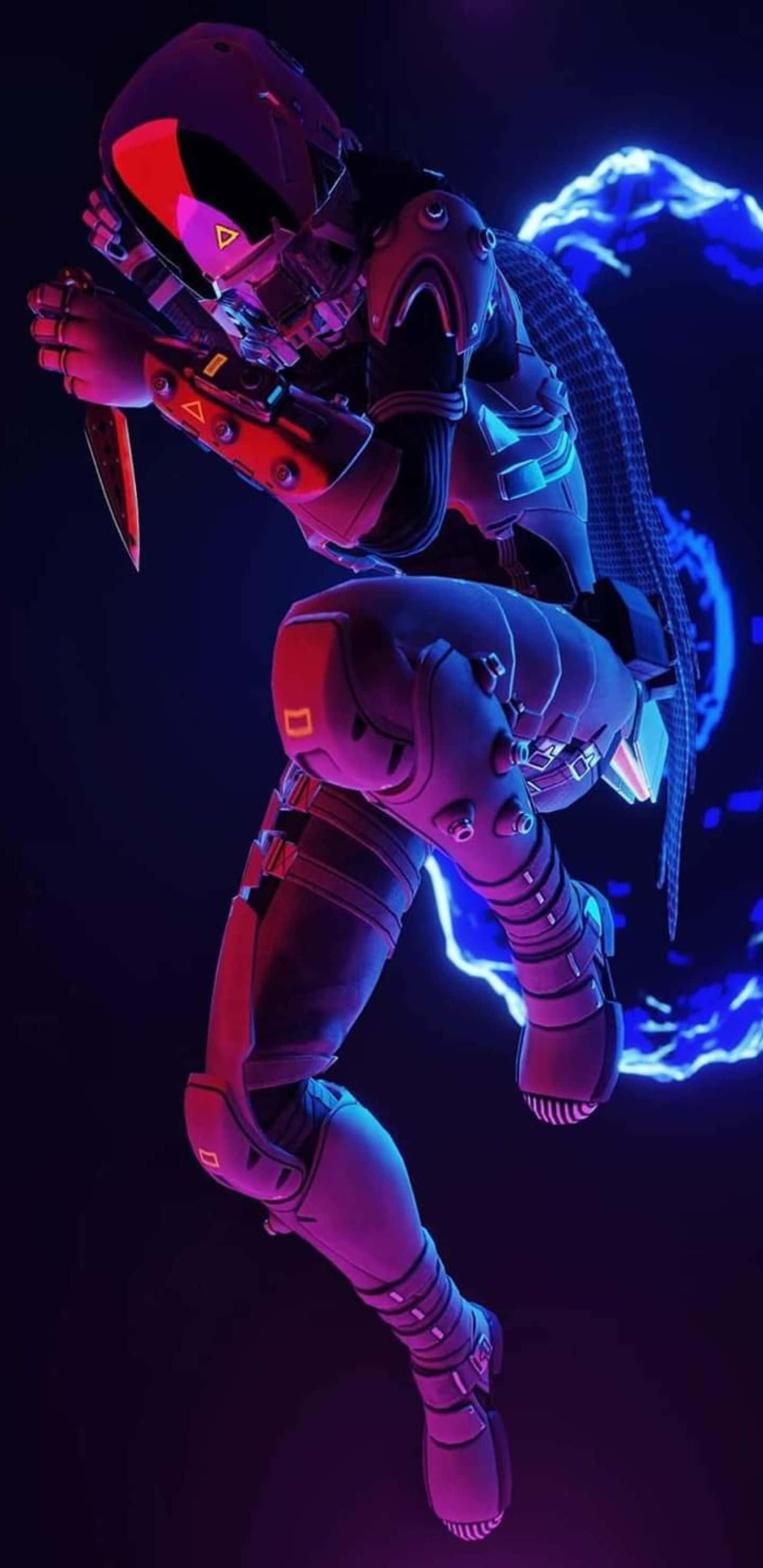 Pixel 3xl Apex Legends 桌布 壁紙 — 一位身穿紅藍霓虹裝備的未來裝甲戰士，在黑暗的宇宙背景下，伴隨著發光的能量效果，動態跳躍。
