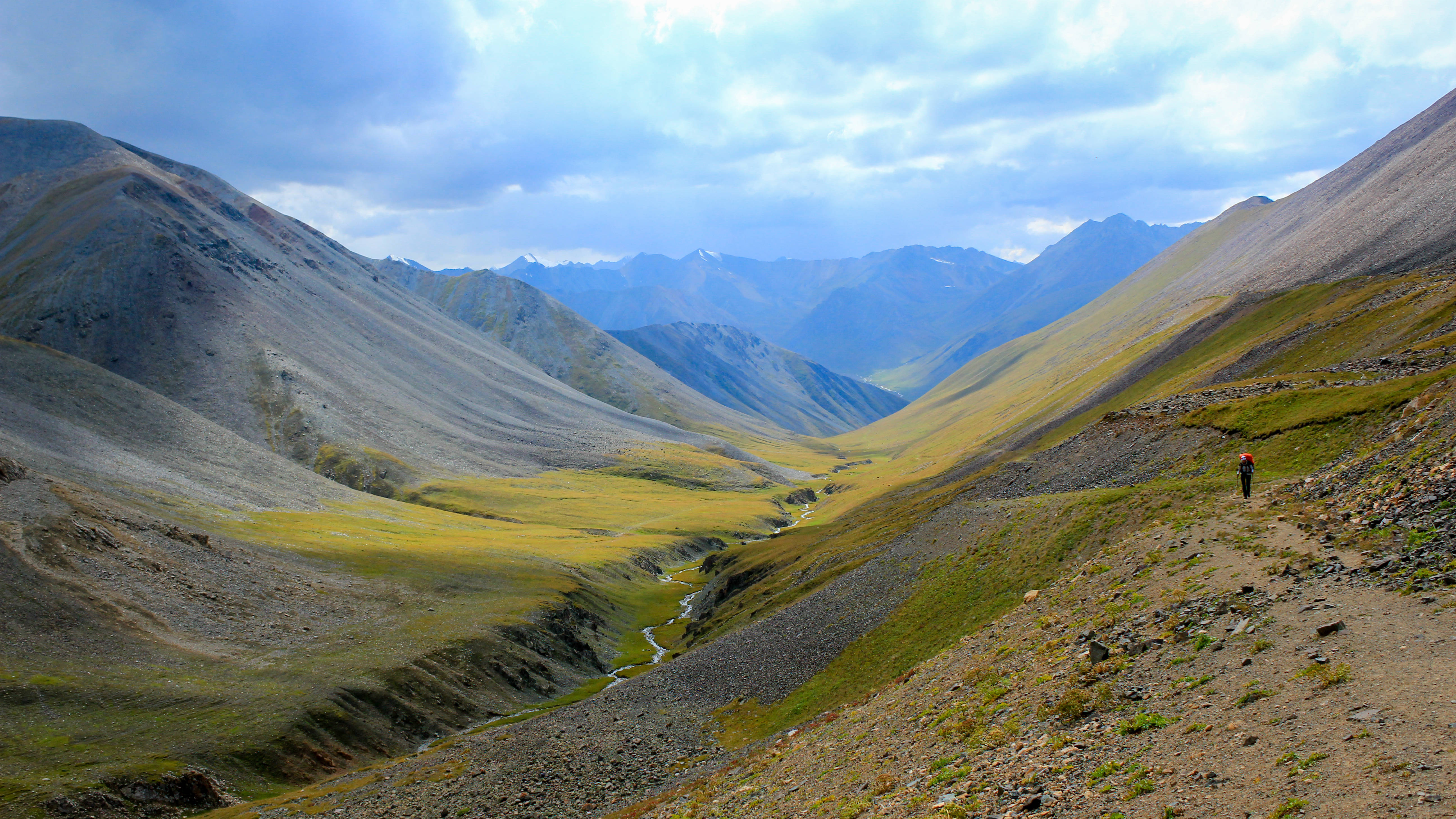 Kyrgyzstan 桌布 壁紙 — 一位身穿紅衣的孤獨遠足者，在陰天之下，穿過一片廣闊的山谷，山谷中有綠草和遠處的雪山頂峰，沿著蜿蜒的小徑行走。