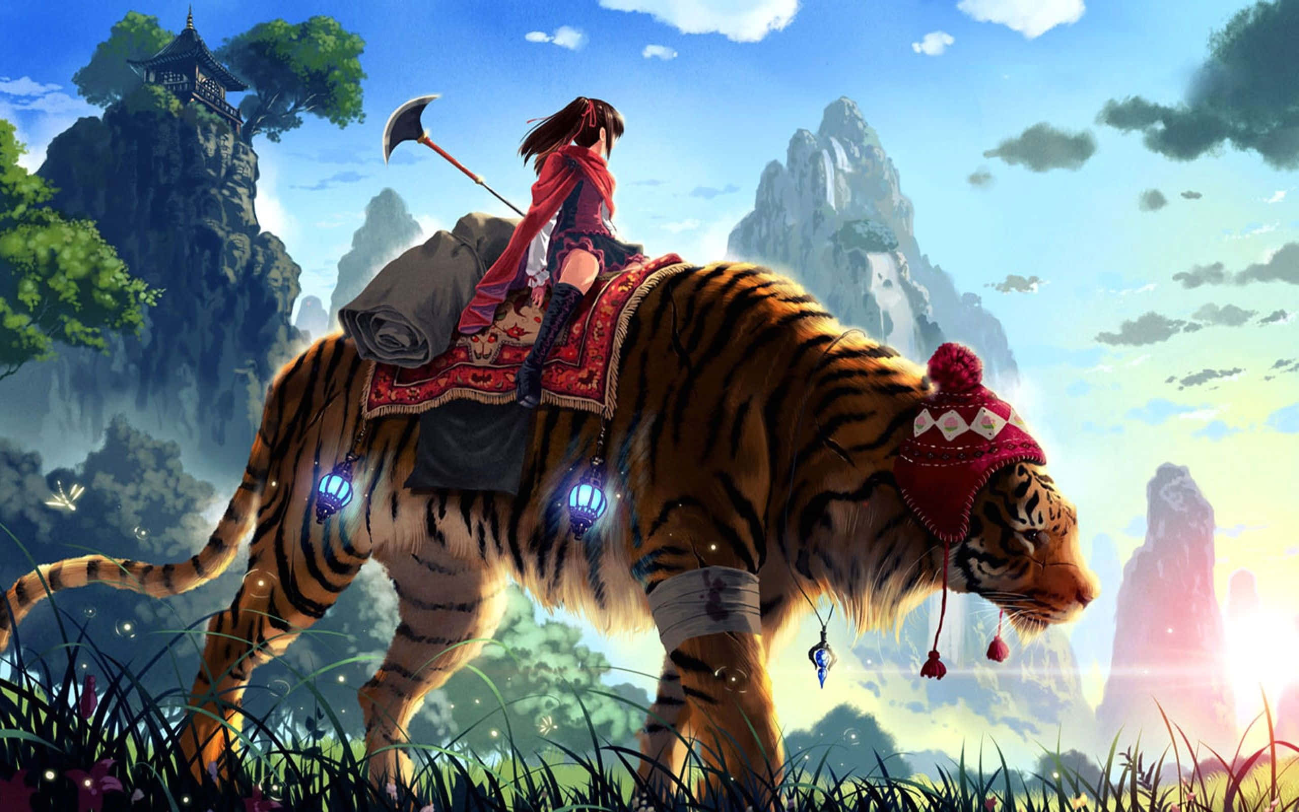Fantasy Anime 桌布 壁紙 — 一位身穿紅衣的戰士騎著一頭戴著節日帽子的雄偉老虎，穿過日出時分的夢幻山谷。