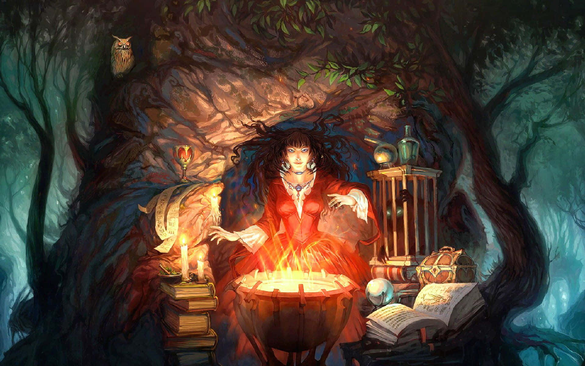 奇幻藝術 桌布 壁紙 — 一位身穿紅袍的女巫在霧氣瀰漫的森林幽谷中，在一棵扭曲的樹下從大鍋中引導火焰魔法。