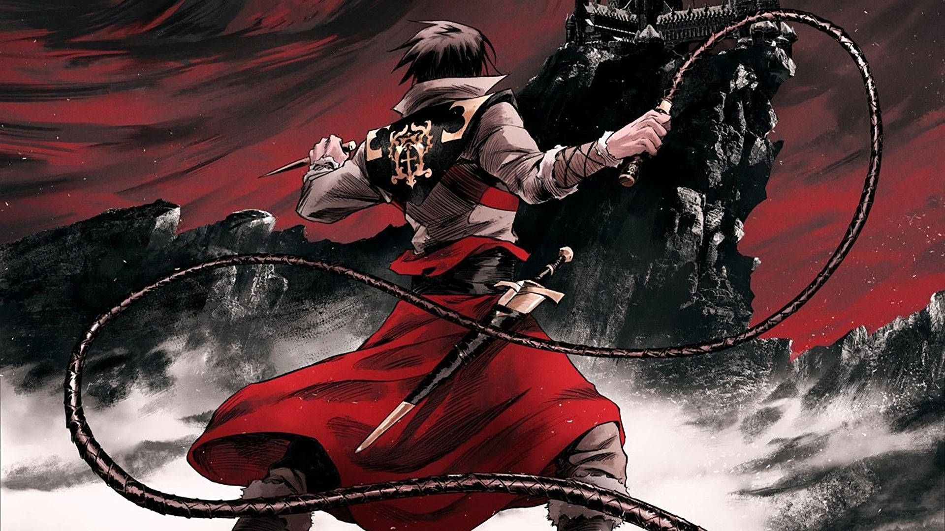 Castlevania 桌布 壁紙 — 一位身穿紅袍的戰士揮舞著鞭子，面對暴風雨的紅色天空和參差不齊的黑色山脈。