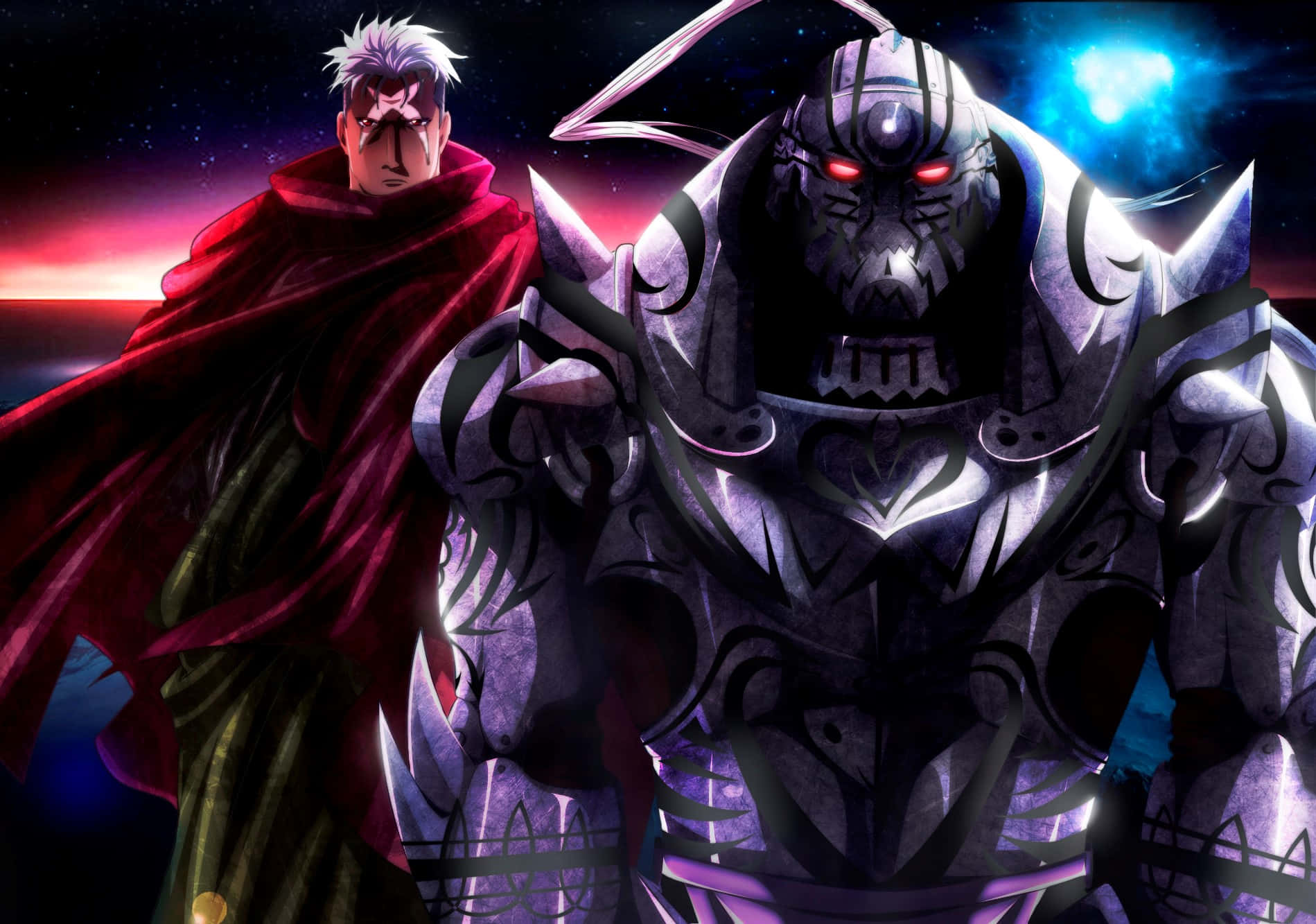 Fullmetal Alchemist Scar 桌布 壁紙 — 一位身穿紅袍的戰士站在一位擁有發光紅眼的 towering 裝甲騎士旁邊，背景是宇宙日落。