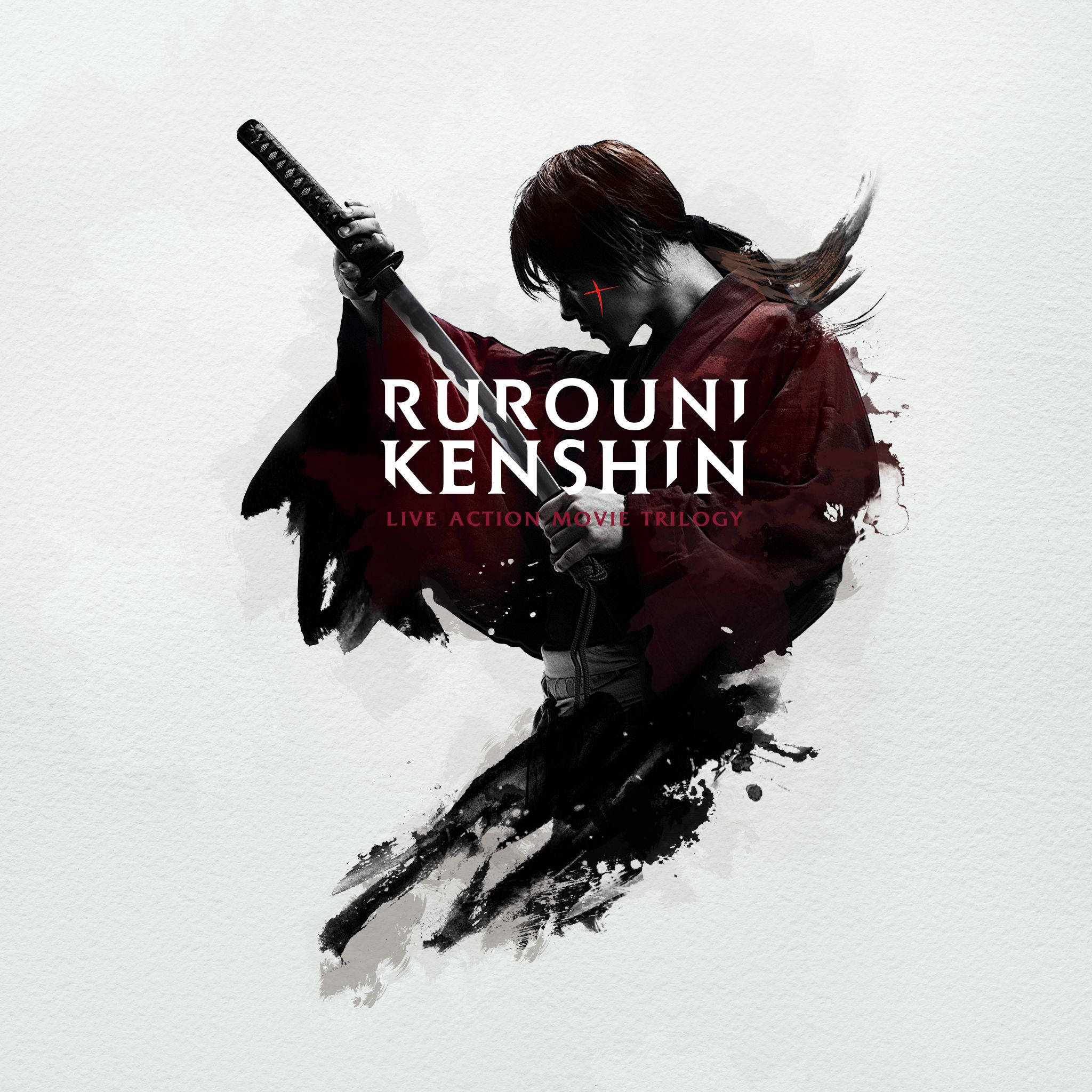 Kenshin 桌布 壁紙 — 一位身穿紅袍的武士在紋理白色背景上，於動態墨水飛濺中緊握武士刀。