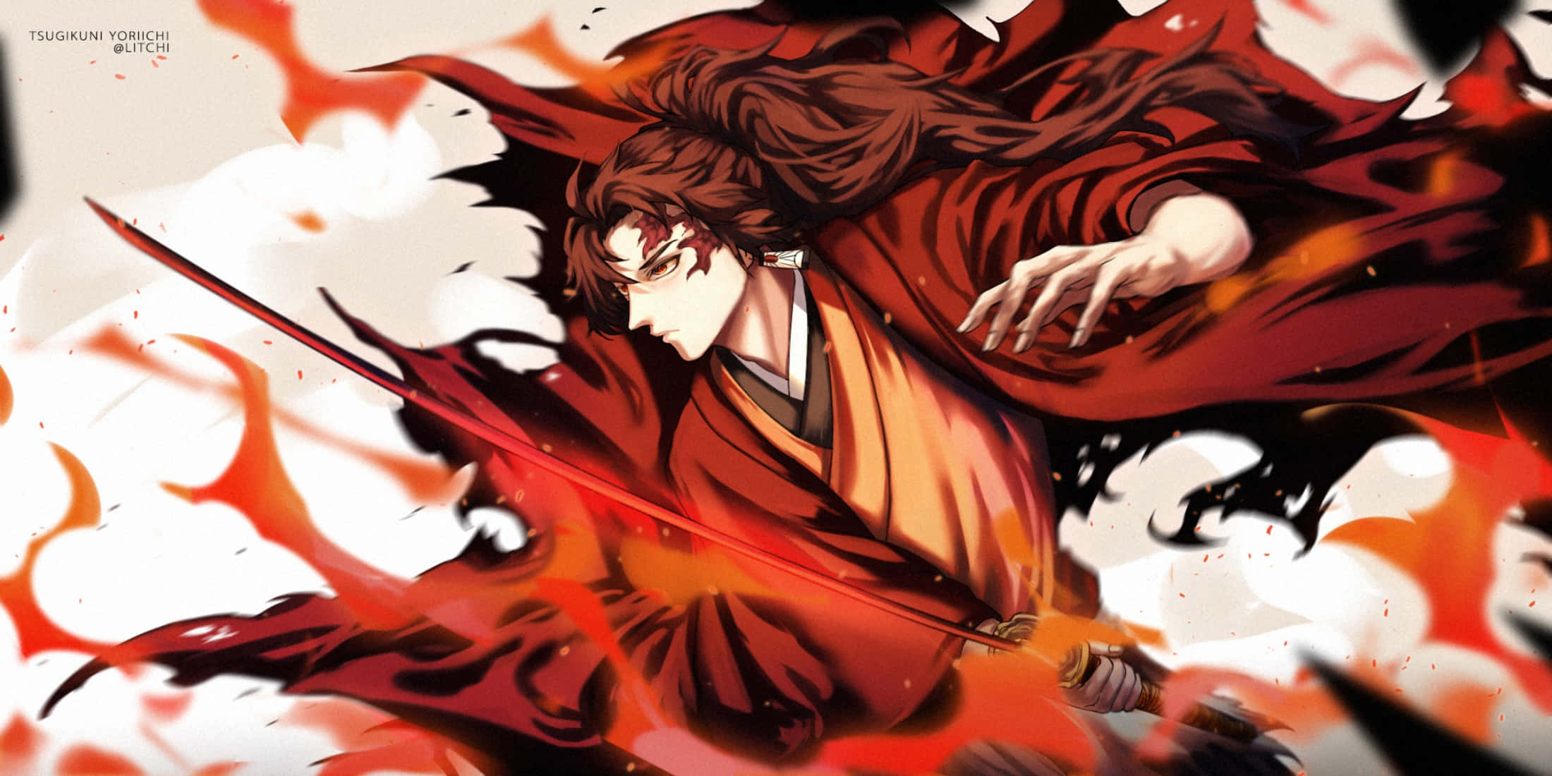 Yoriichi Tsugikuni 桌布 壁紙 — 一位身穿紅袍的熾熱動漫戰士，以動態動作揮舞發光劍刃斬開火焰。