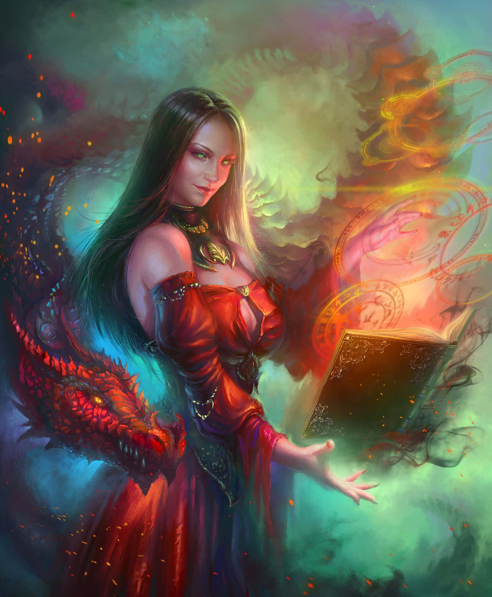 Magic Spell 桌布 壁紙 — 一位身穿紅袍的神秘女子從一本古老的書中施展發光的魔法，而一條火龍在她身後盤旋，周圍是旋轉的宇宙色彩。