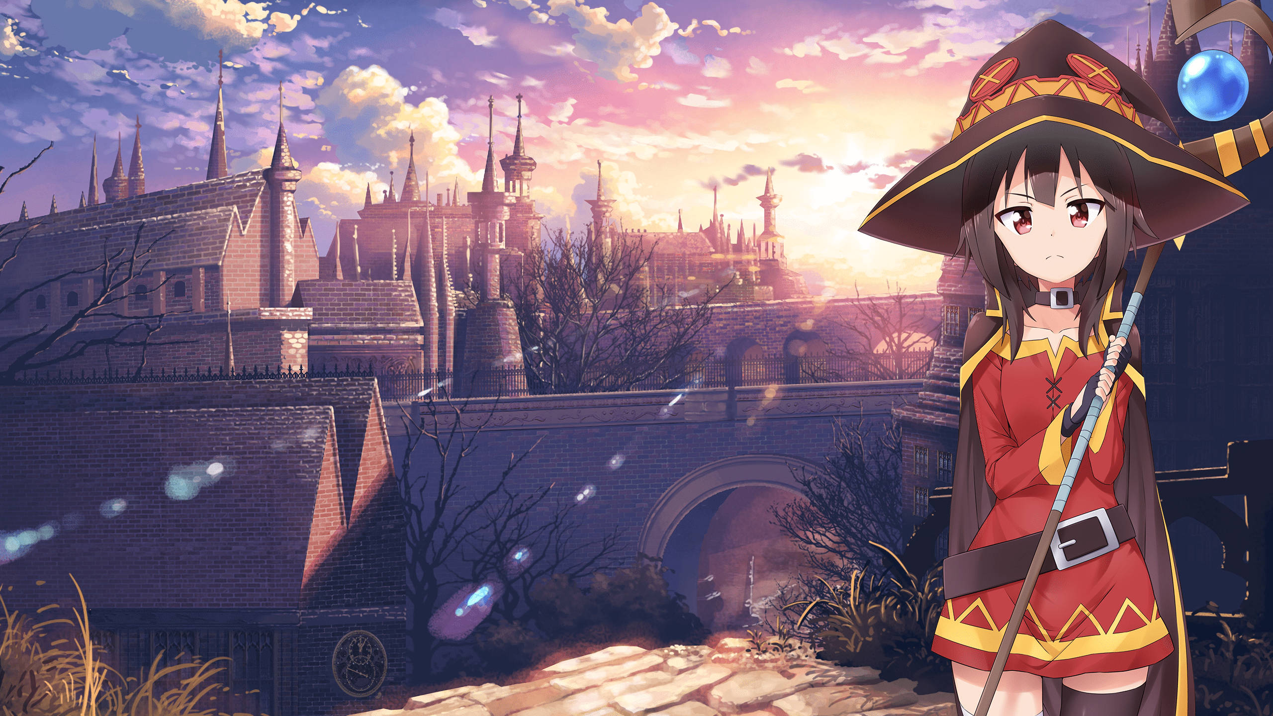 Megumin 桌布 壁紙 — 一位身穿紅金服裝的年輕女巫站在哥德式城堡前，夕陽西下，發光的魔法球漂浮在她周圍。