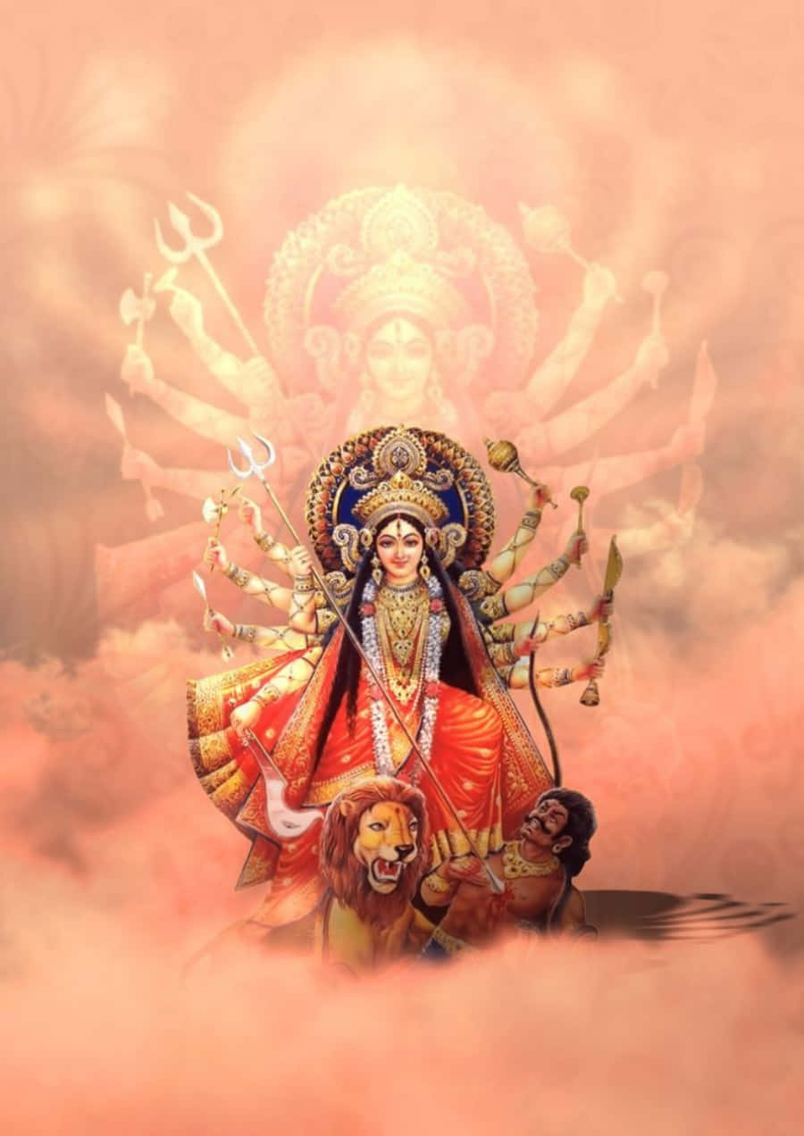  壁紙 — 一位身穿紅金服飾、多臂光芒四射的女神坐在獅子上，被神聖光芒和雲朵環繞。