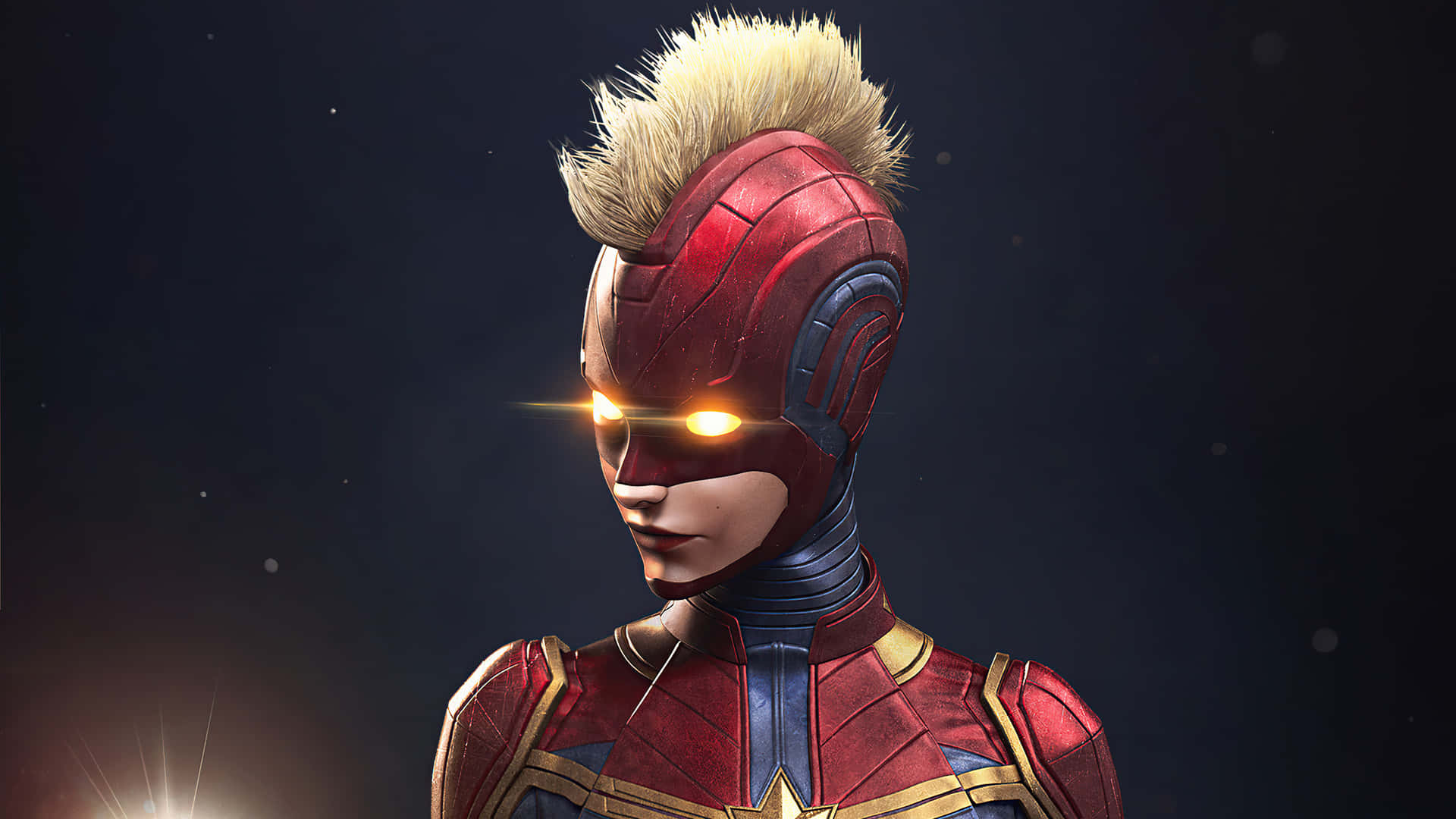 Captain Marvel HD 桌布 壁紙 — 一位身穿紅金盔甲、擁有發光黃色眼睛和尖刺金色莫西乾頭的女性超級英雄，背景是星空黑暗。