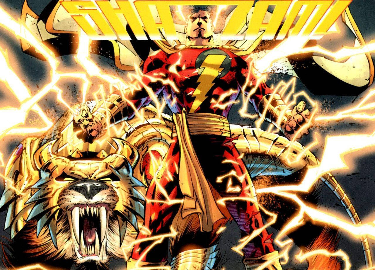 Shazam 桌布 壁紙 — 一位身穿紅金盔甲的超級英雄，騎著咆哮的金色獅子穿越暴風雨的天空，引導閃電。