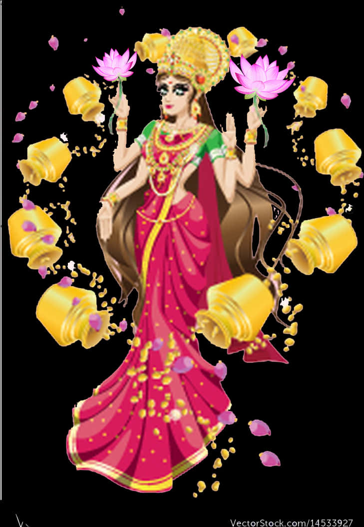 吉祥天女 桌布 壁紙 — 一位身穿紅金紗麗、光芒四射的多臂女神手持粉紅蓮花，周圍漂浮著金色燈籠和花瓣。
