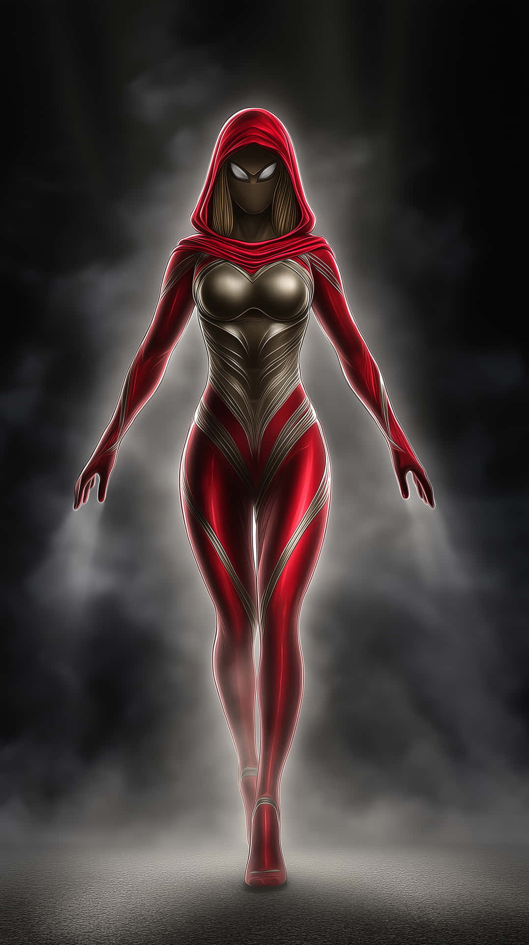 Hooded figure in form-fitting ensemble emerging from mist 壁紙 — 一位身穿紅金色套裝、戴著兜帽的女性超級英雄，在煙霧瀰漫的黑暗中大步向前，雙眼發出白光。