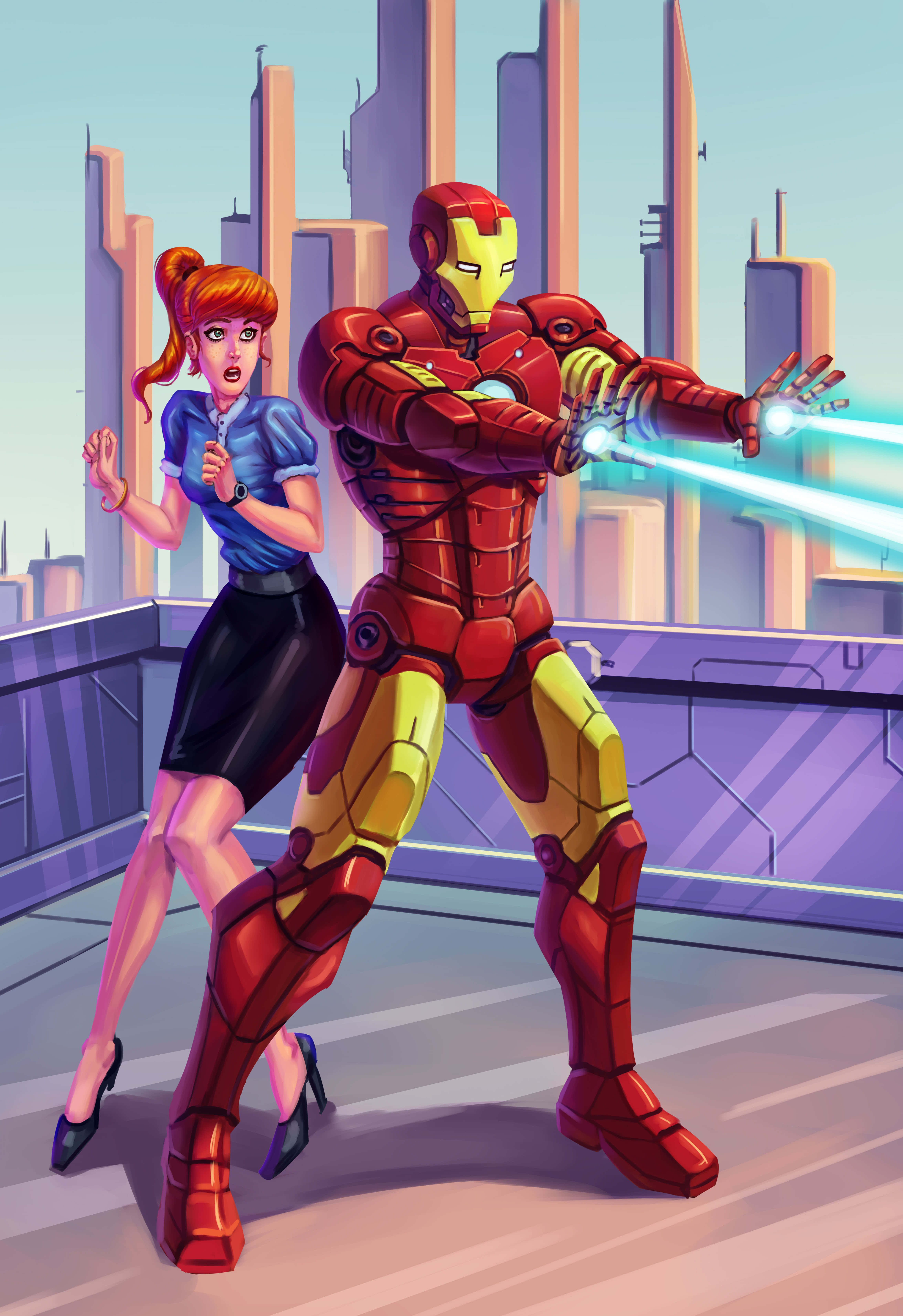 Iron Man Fan Art 桌布 壁紙 — 一位身穿紅金裝甲的超级英雄發射能量光束，而一位穿著藍色襯衫的驚訝女子站在他旁邊，背景是未來城市屋頂。