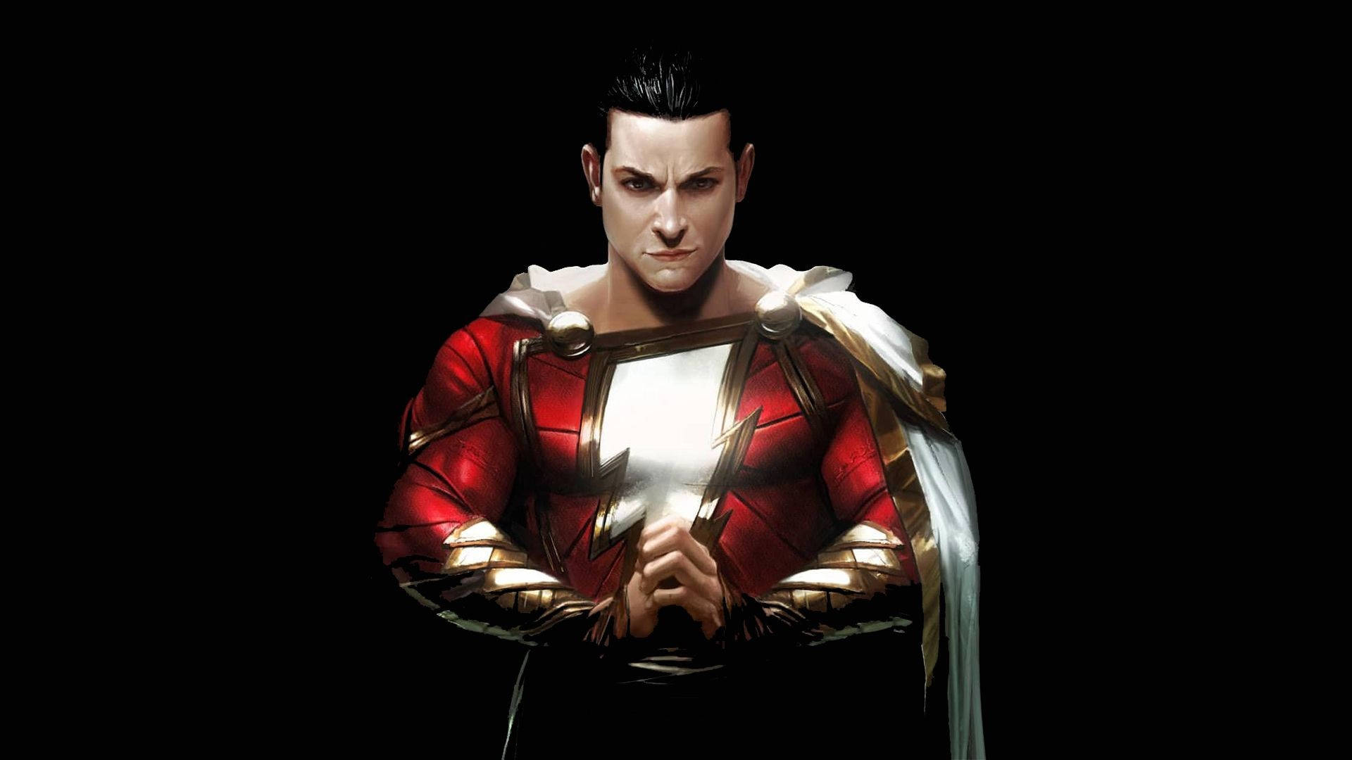 超級英雄 桌布 壁紙 — 一位身穿紅金配色服裝、披著白色斗篷的超級英雄，在黑色背景前表情嚴肅地站立。
