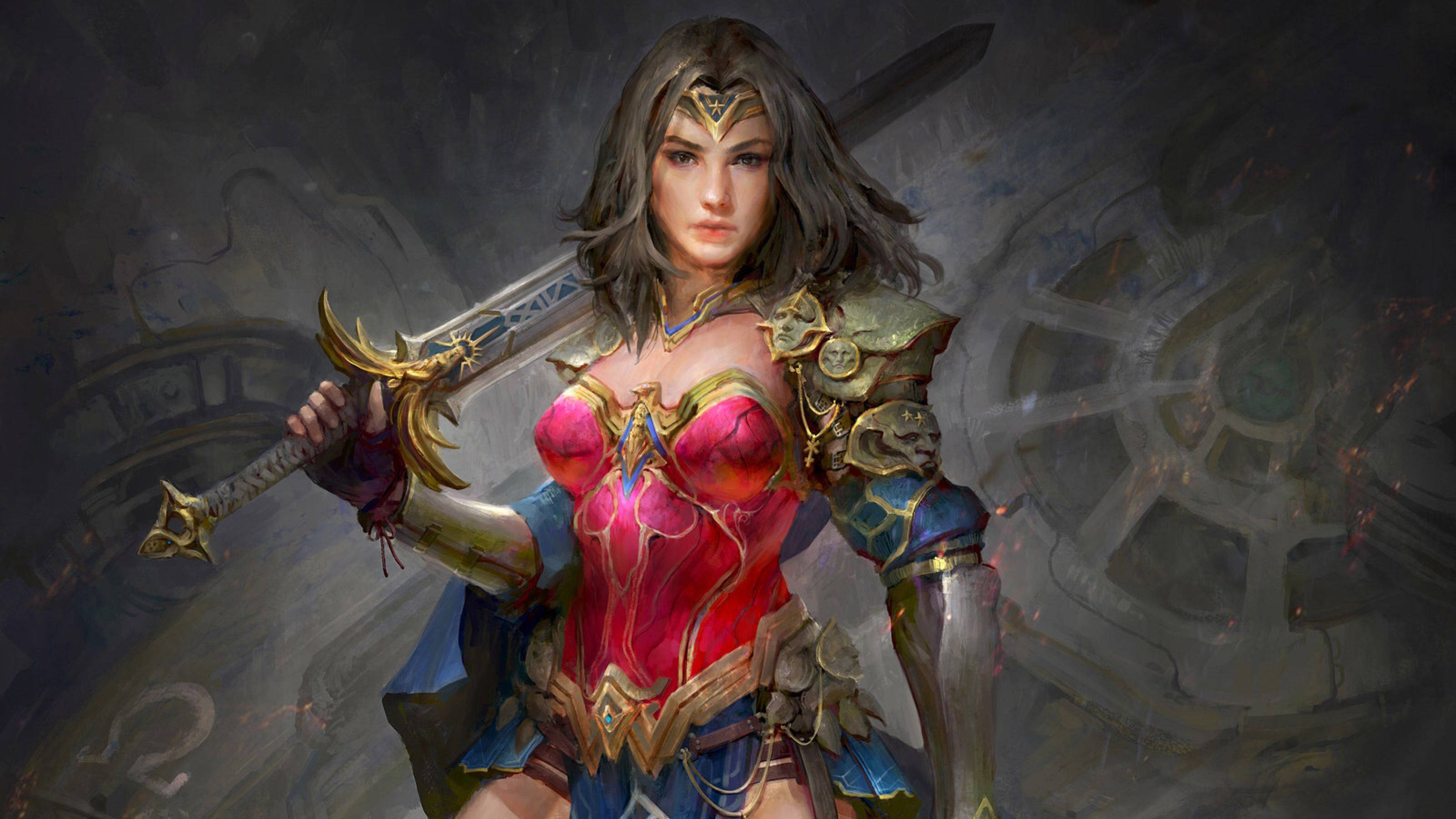 Wonder Woman 1984 桌布 壁紙 — 一位身穿紅金鎧甲的兇猛女戰士，在黑暗機械背景下揮舞著發光的劍。