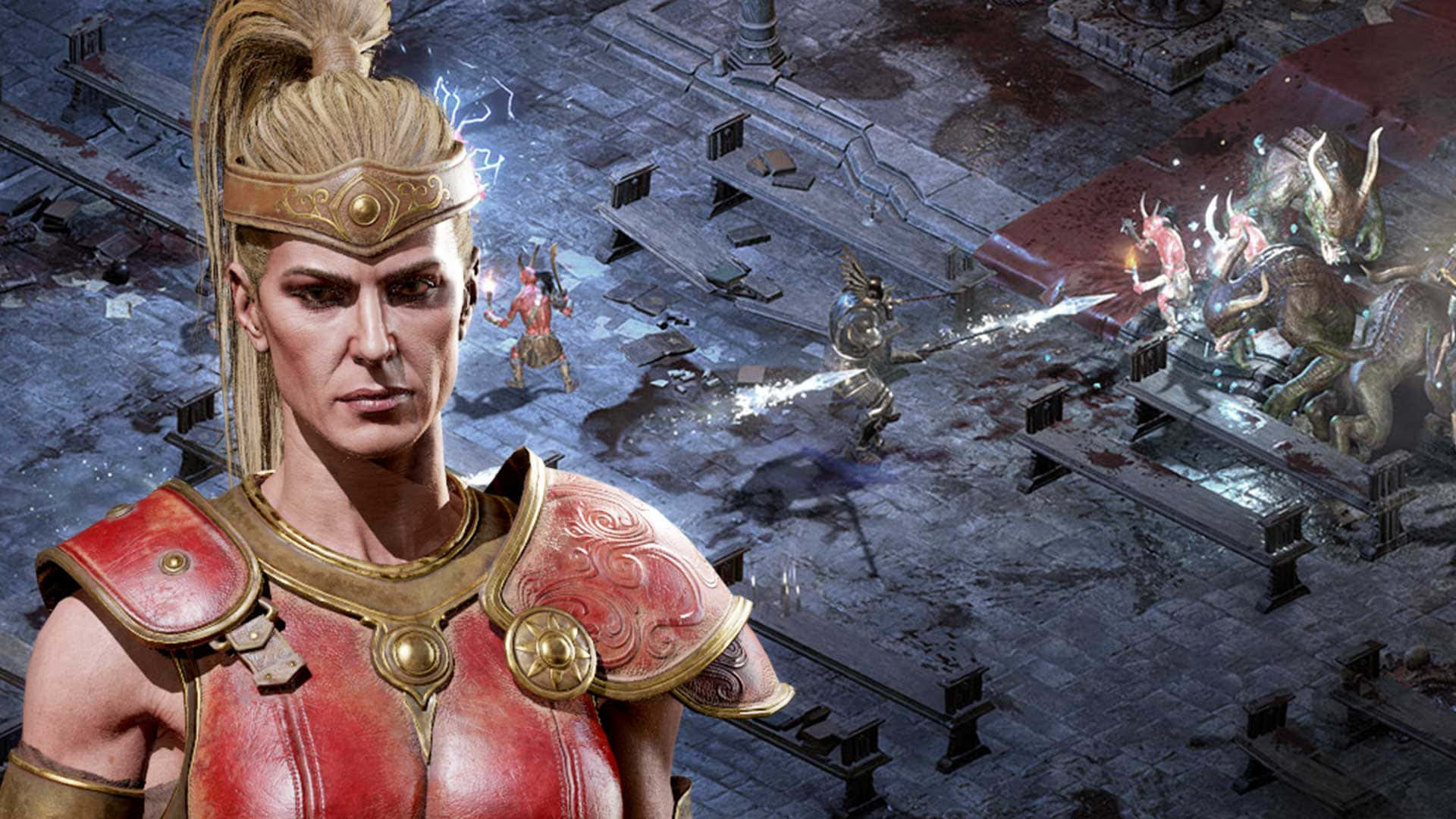 Diablo 2 Resurrected 桌布 壁紙 — 一位身穿紅金鎧甲的兇猛戰士準備就緒，閃電在佈滿惡魔敵人的戰損石競技場上空劈啪作響。