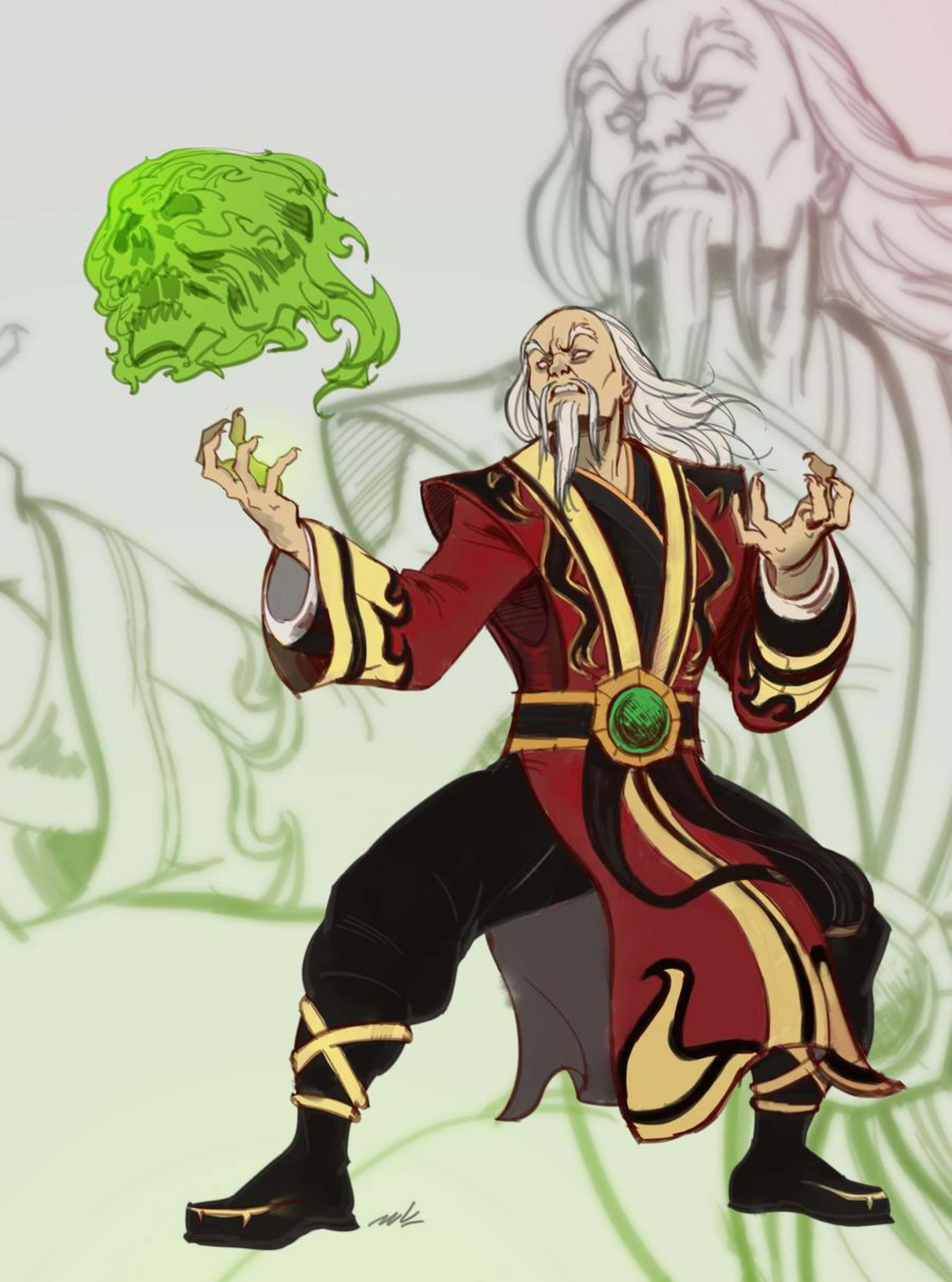Mortal Kombat Shang Tsung 桌布 壁紙 — 一位身穿紅金長袍的動漫風格巫師，正全神貫注地引導一個旋轉的綠色骷髏能量球。
